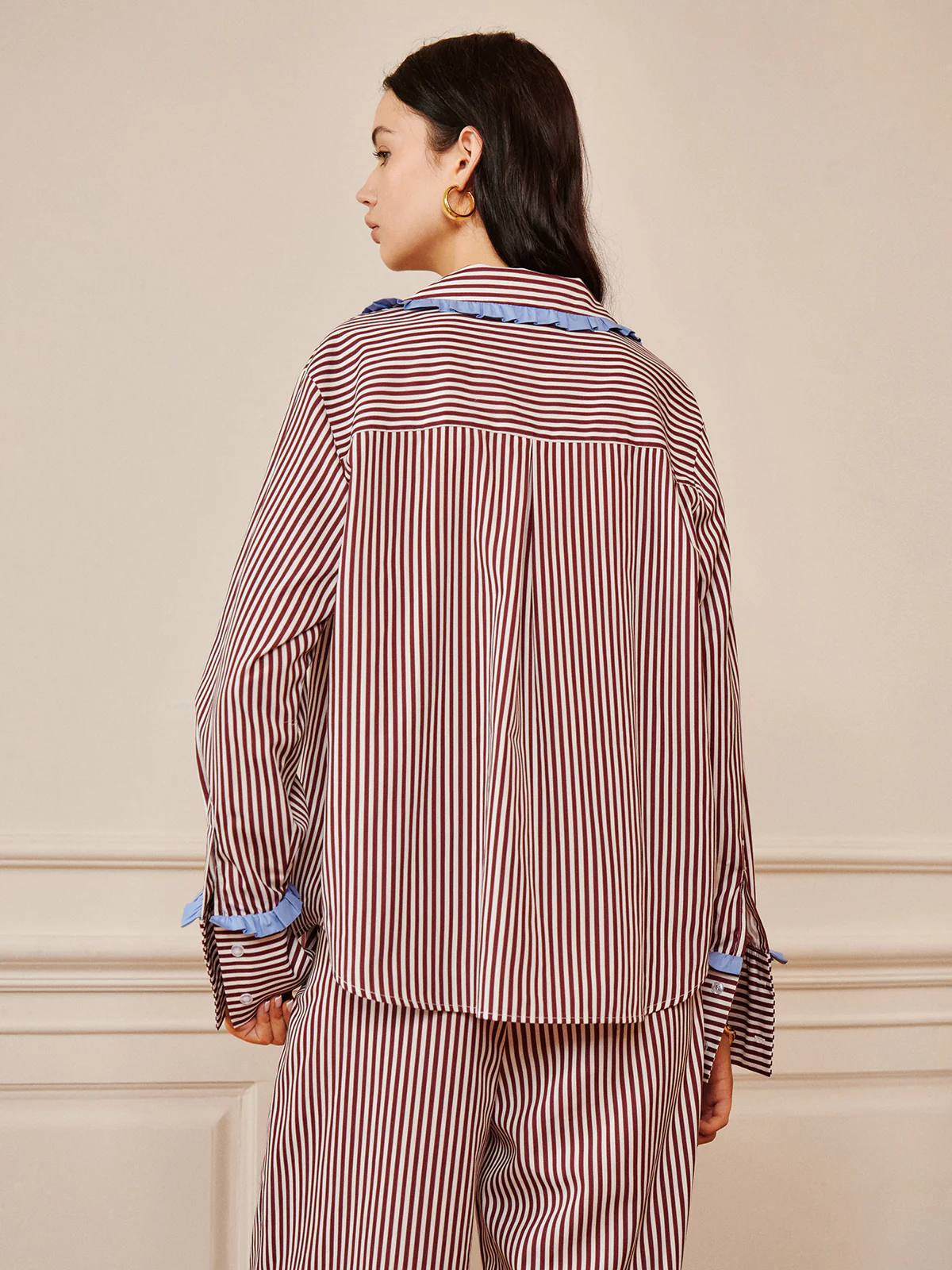 Pinstripe Ruffle Tie Front Shirt - Takermore