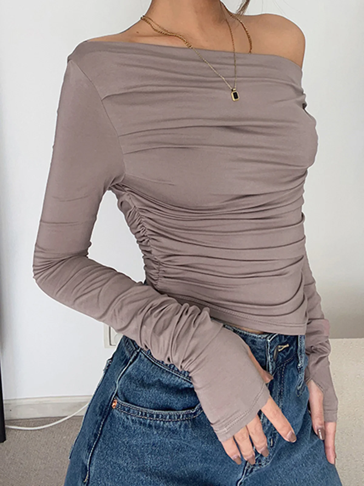 Asymmetrical Off Shoulder Long Sleeve Shirt - Takermore