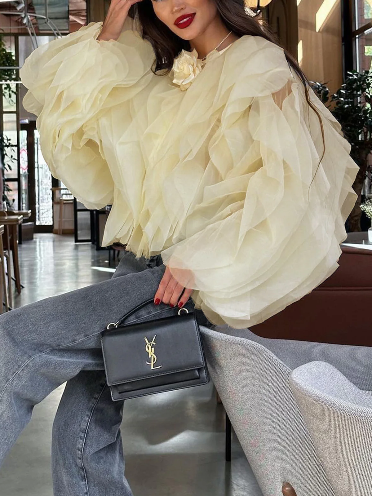 Semi-sheer Chiffon Ruffled Crew Neck Blouse - Takermore