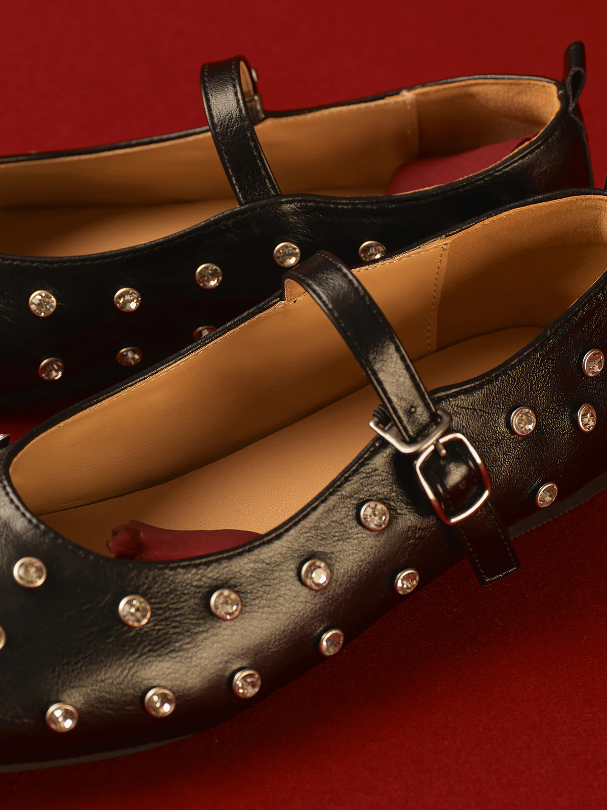 Studded Buckle Strap Mary Jane Ballet Flats - Takermore