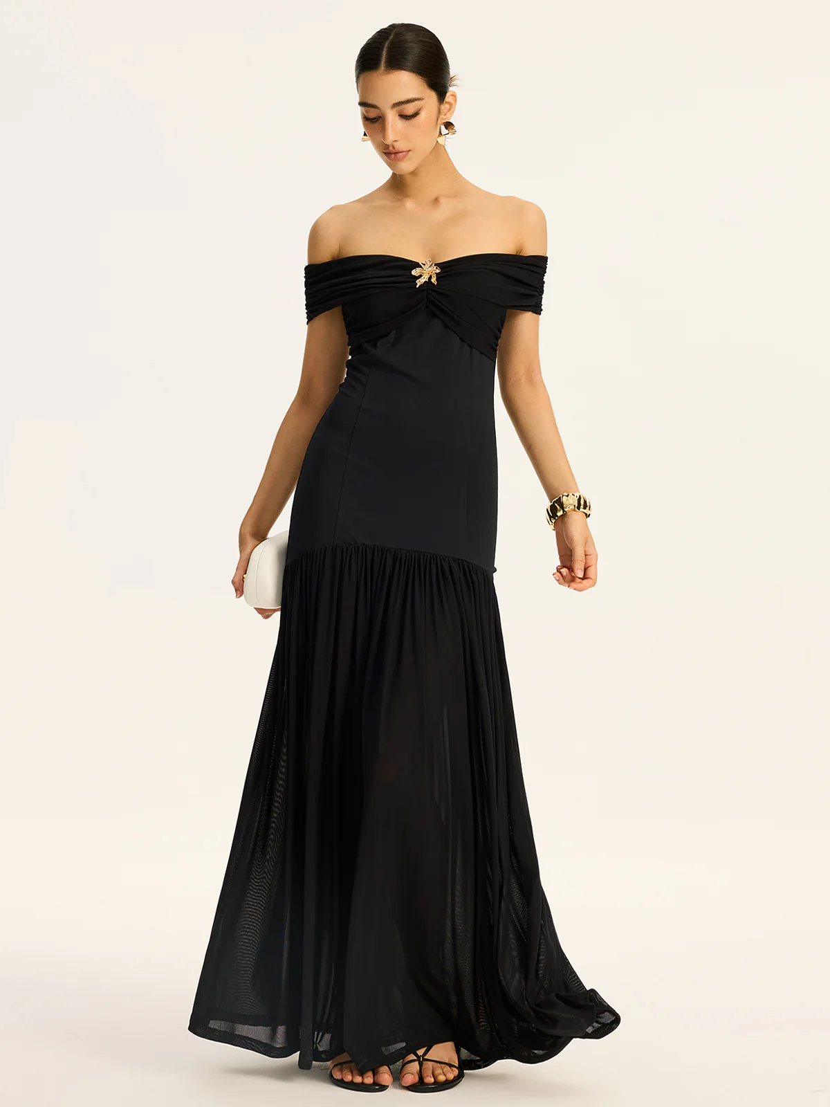 Off-Shoulder Ruched Mesh-Paneled Maxi Dress - Takermore