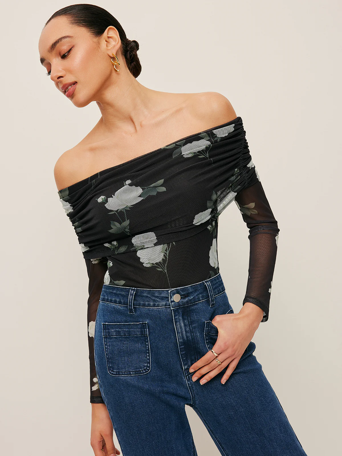 Semi-Sheer Floral Off-Shoulder Mesh Sleeve Top - Takermore