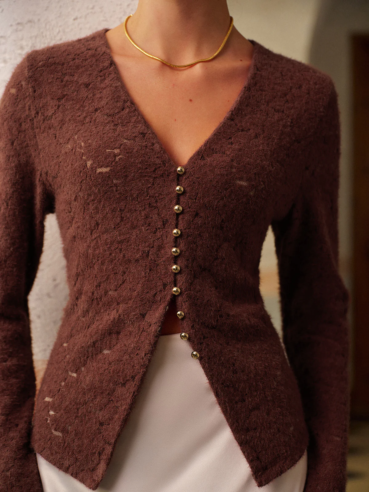 Semi-Sheer V-Neck Split Lace Blouse - Takermore