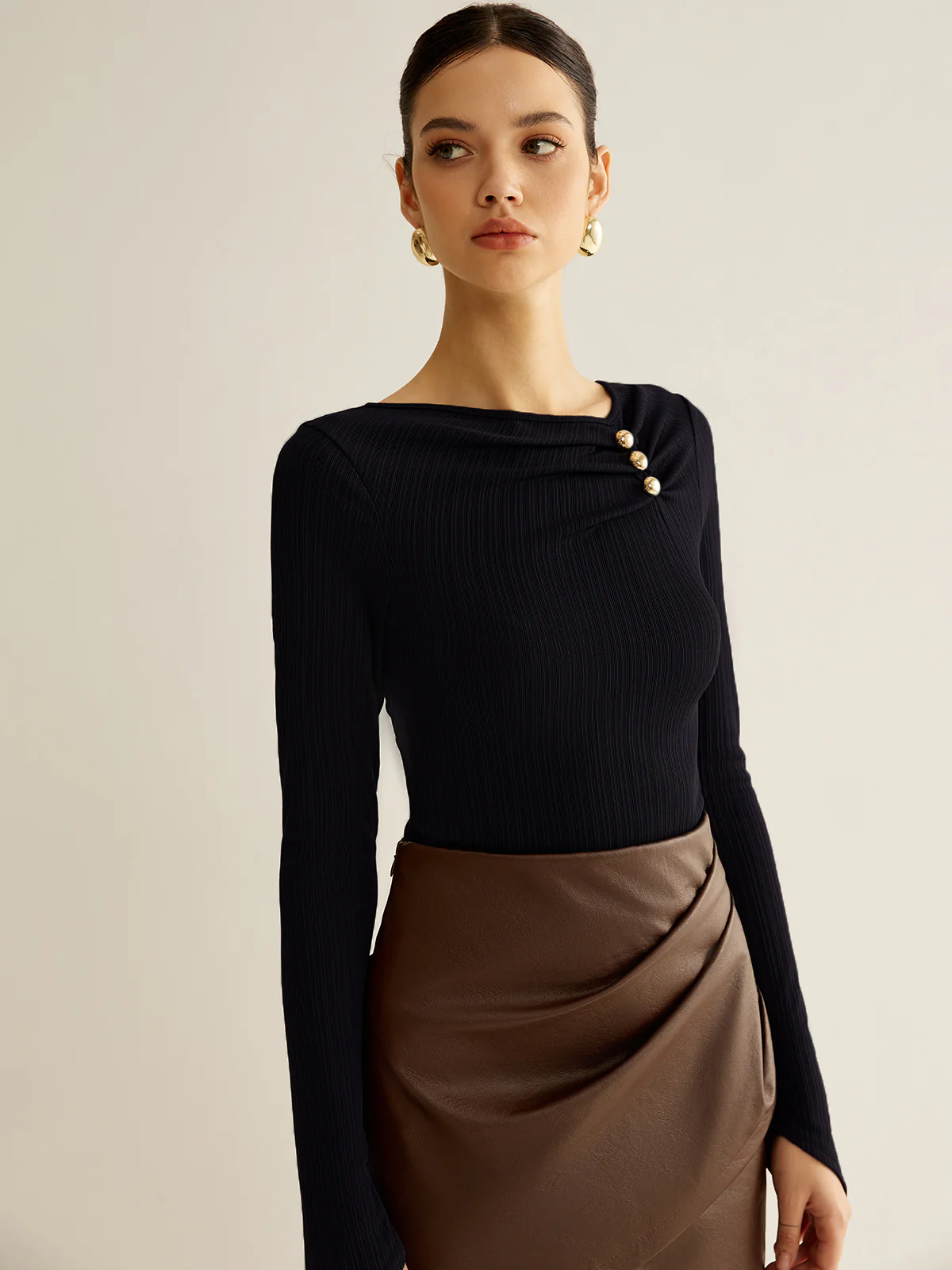 Metal Detail Pleated Blouse - Takermore