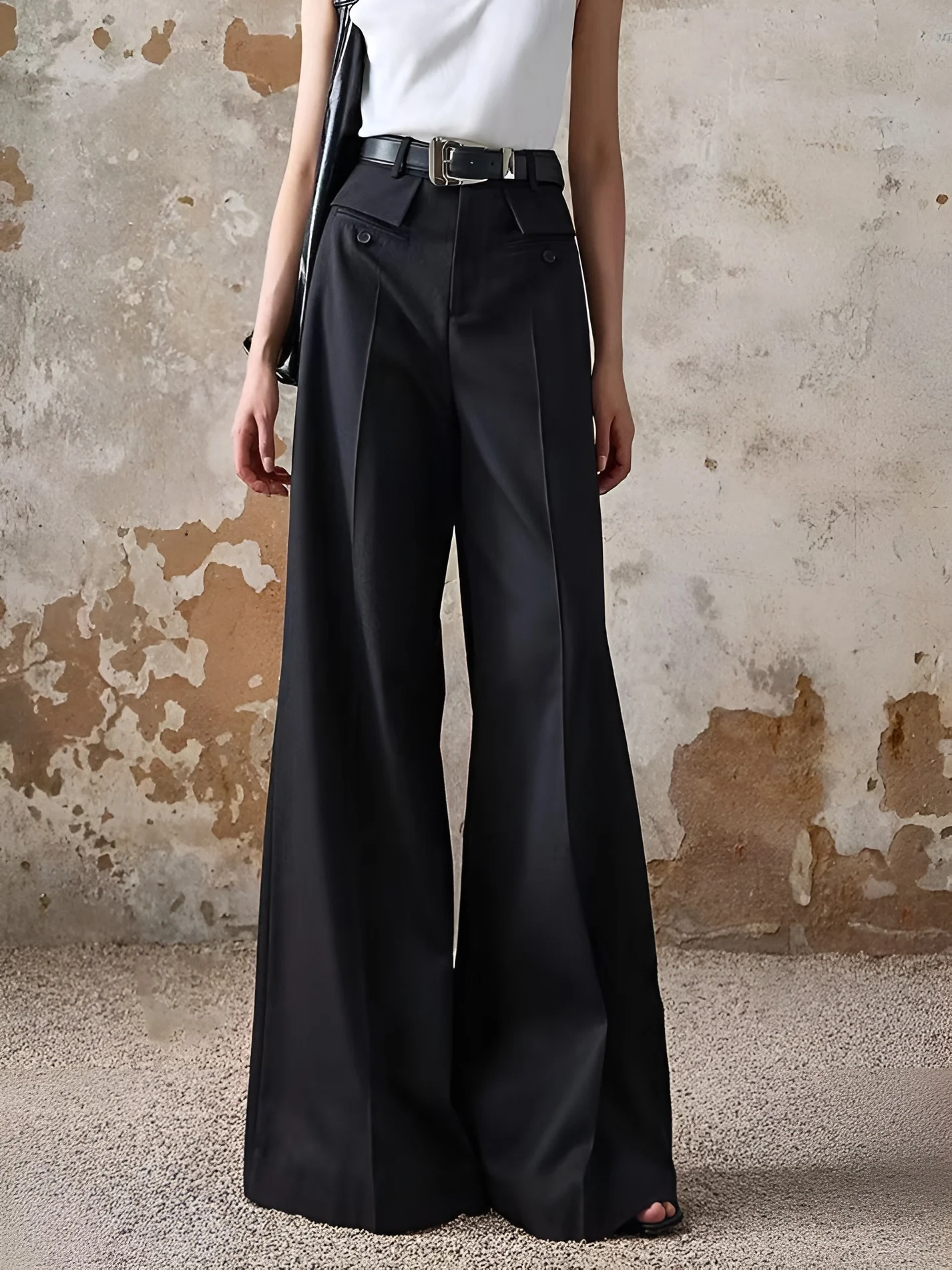 High-Waist Piping Bell Pants Without Belt - Takermore