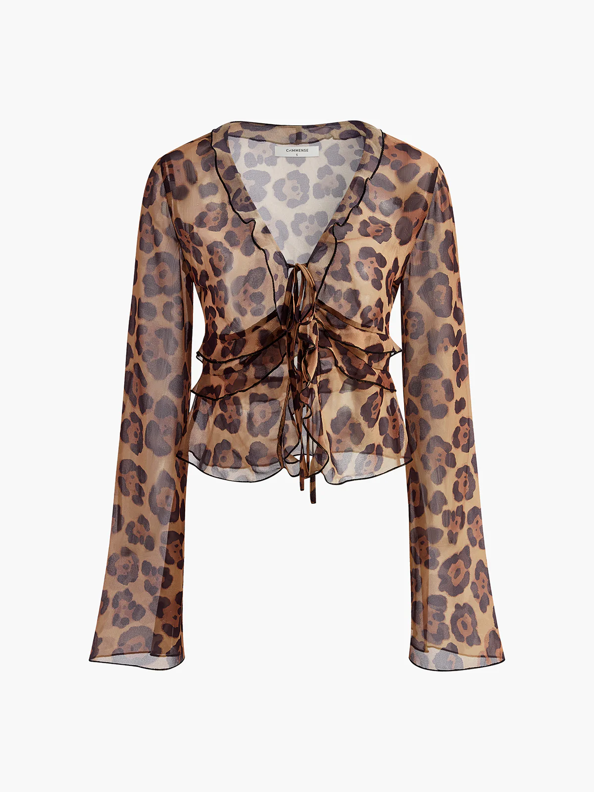 Leopard Print Semi-Sheer Ruffle V-Neck Blouse - Takermore