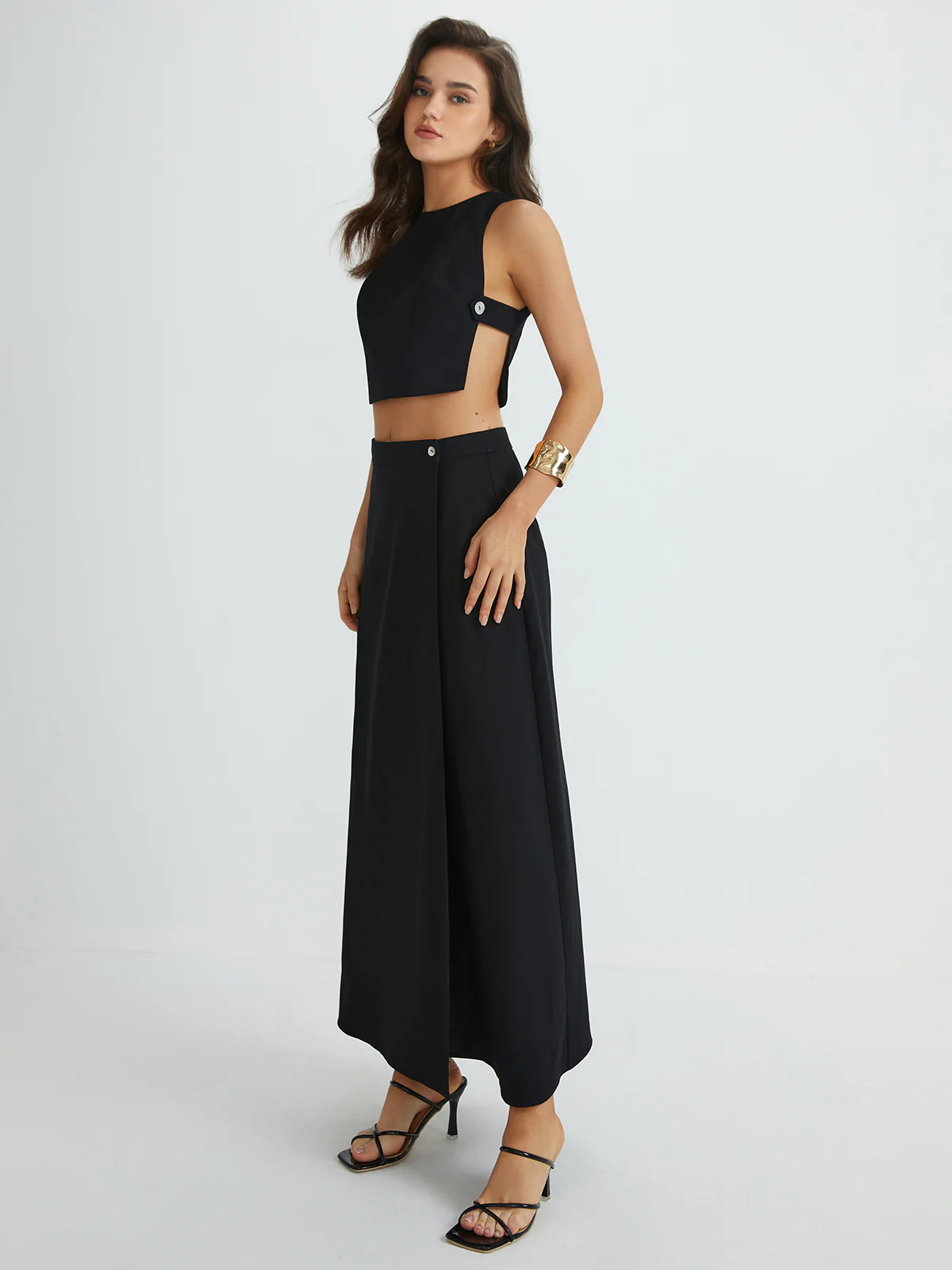 Plain Button Detail Top With Split Maxi Skirt Set - Takermore