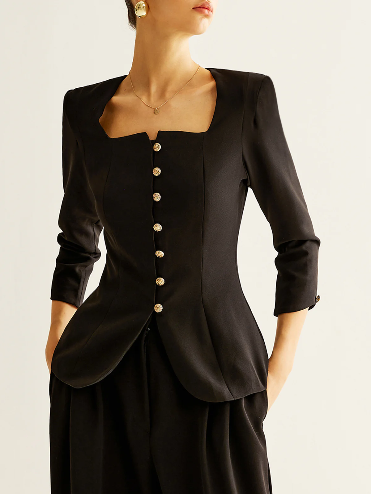 Square Neck Button Down Slit Blouse - Takermore