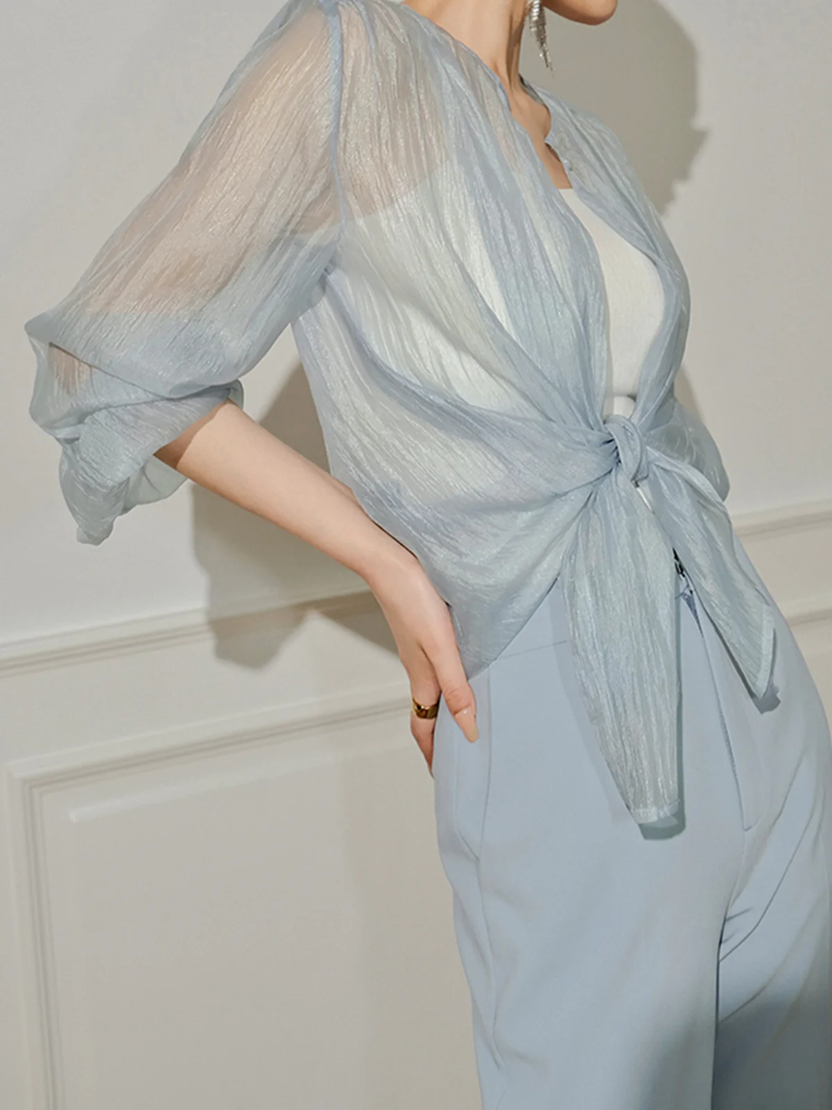 Semi-Sheer Through Long Sleeve Button Blouse - Takermore