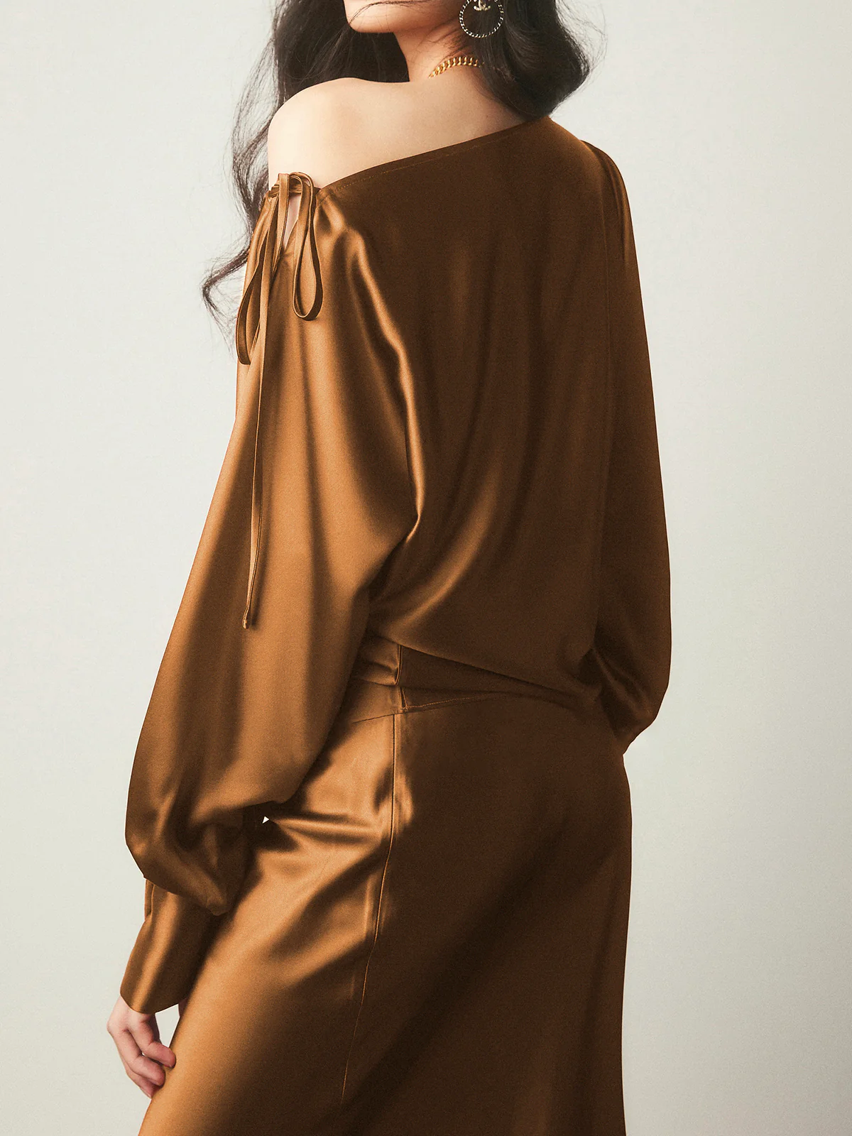 Satin Asymmetrical Cold Shoulder Tied Blouse - Takermore