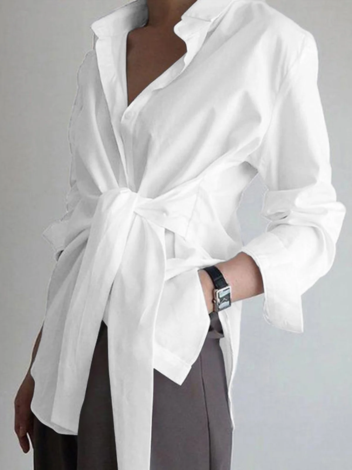 Semi-Sheer Button Down Tied Long Shirt - Takermore