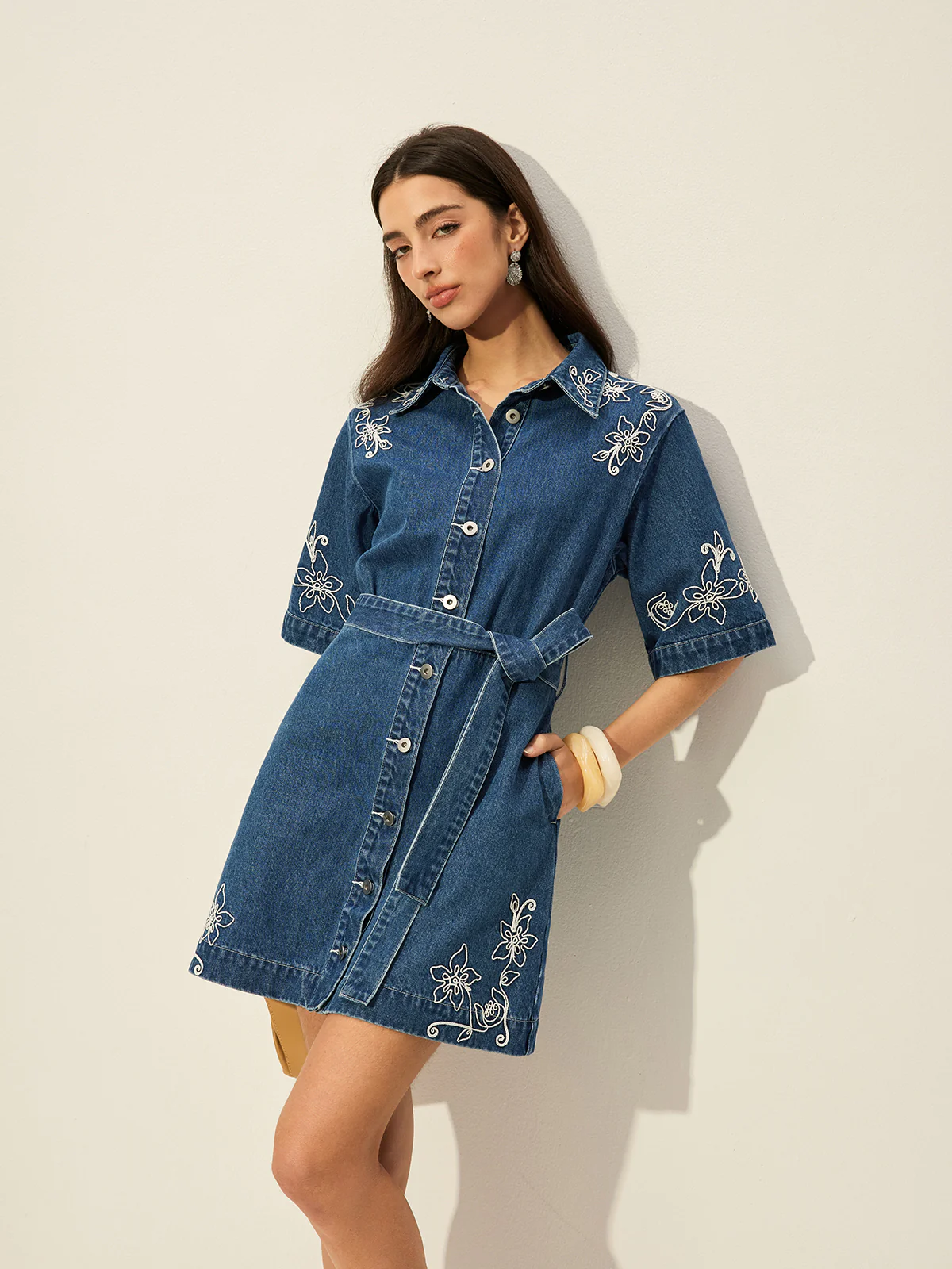 Embroidered Denim Shirt Dress With Belt - Takermore