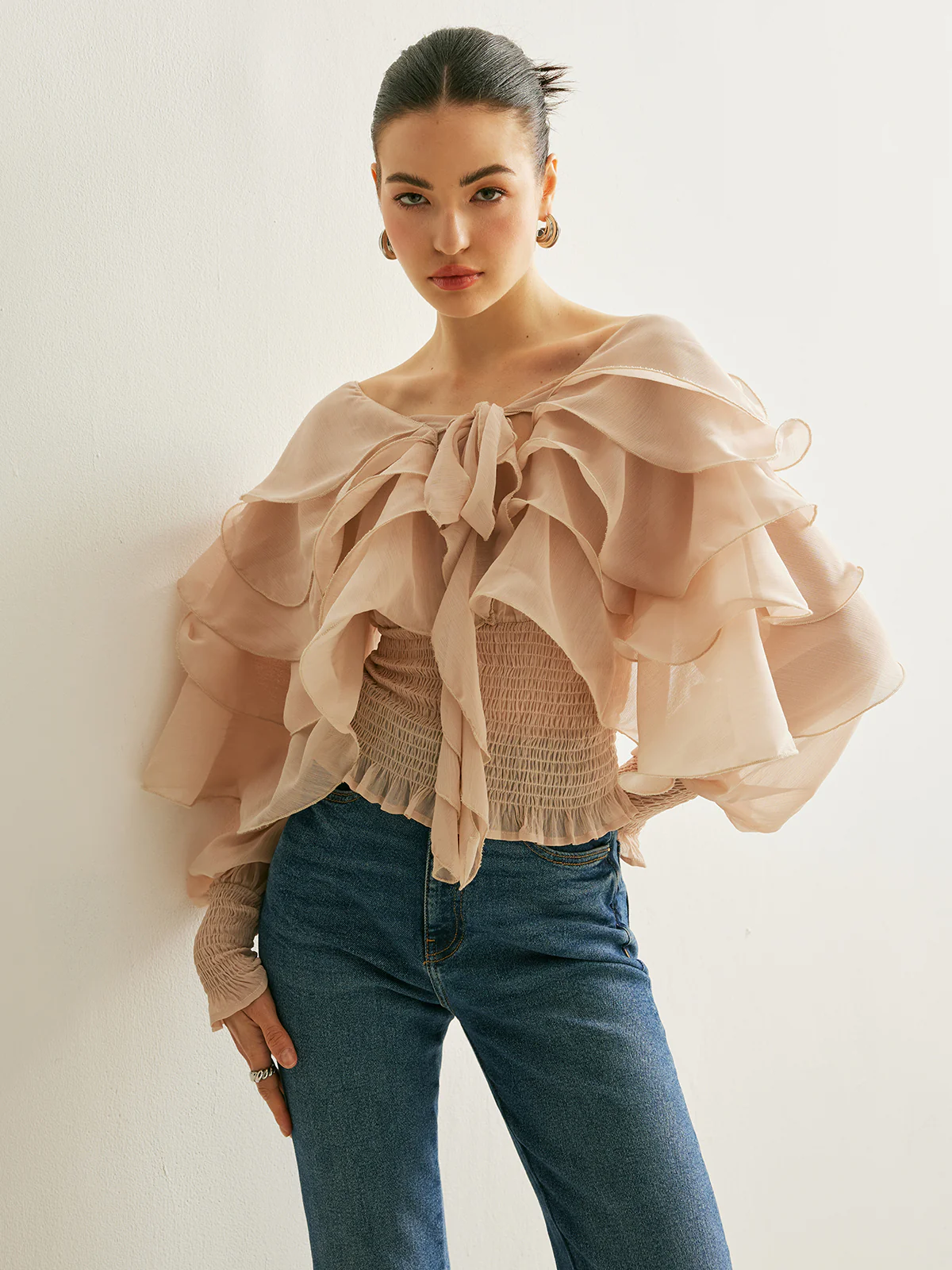 Semi-Sheer Chiffon Ruffle Backless Top - Takermore