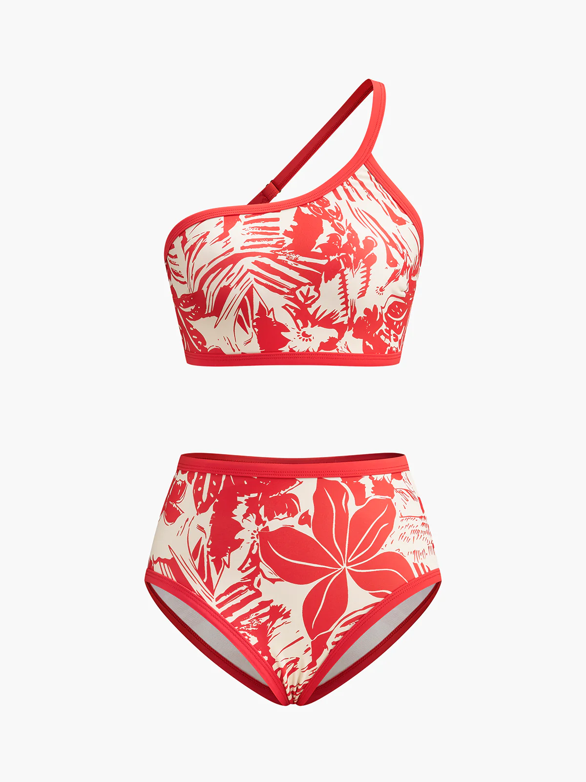 One-Shoulder Tropical Print Bikini Set - Takermore