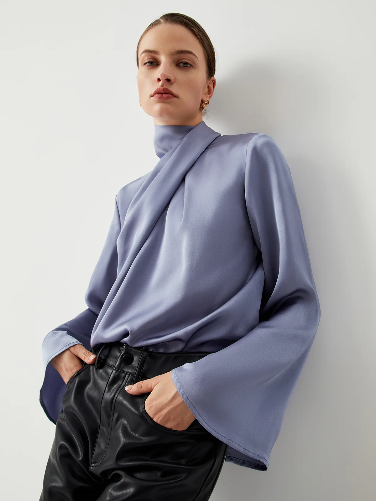 Asymmetric Pleated Turtleneck Satin Blouse - Takermore