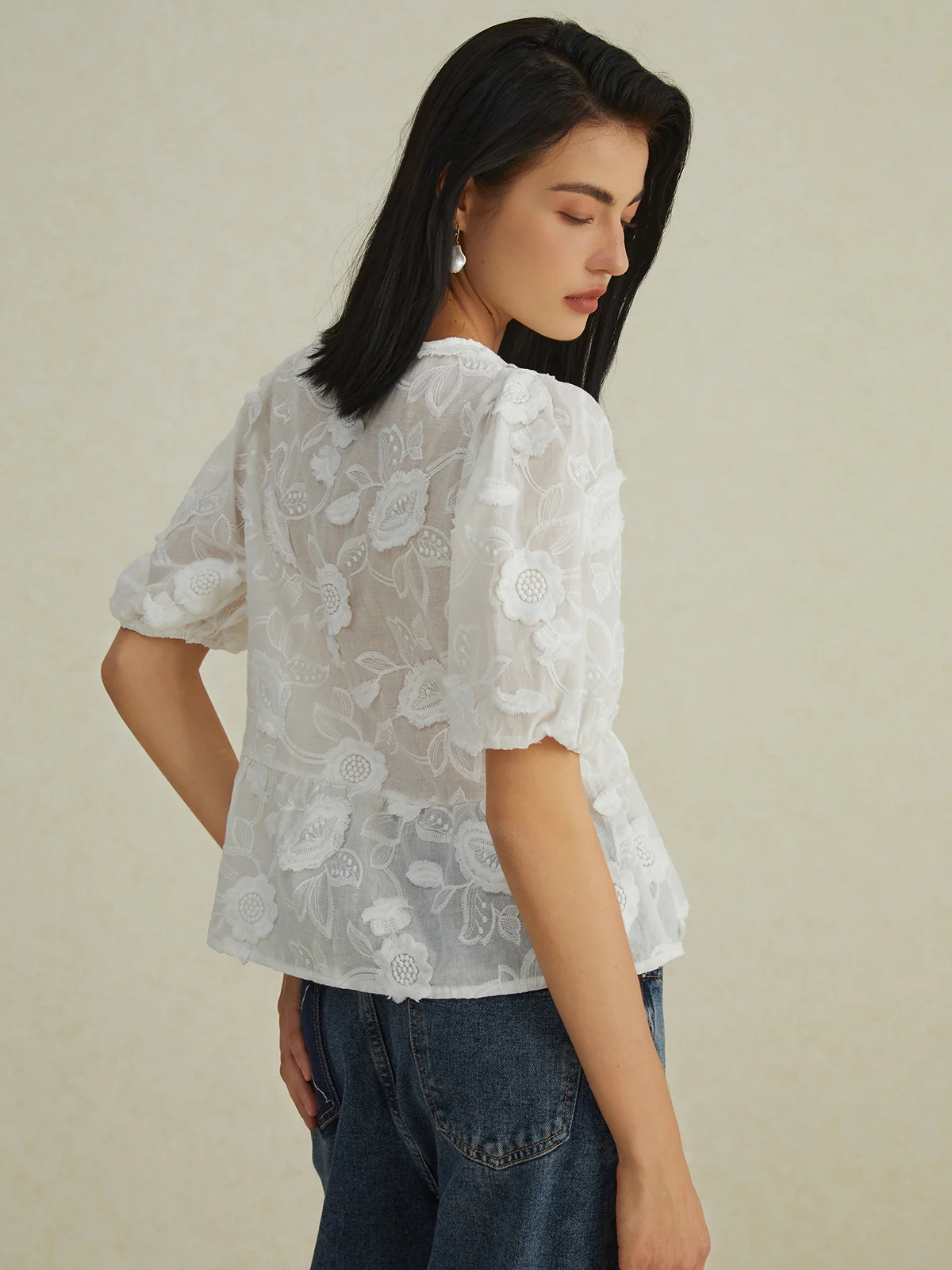 Semi-Sheer Floral Knotted Puff Sleeve Blouse - Takermore