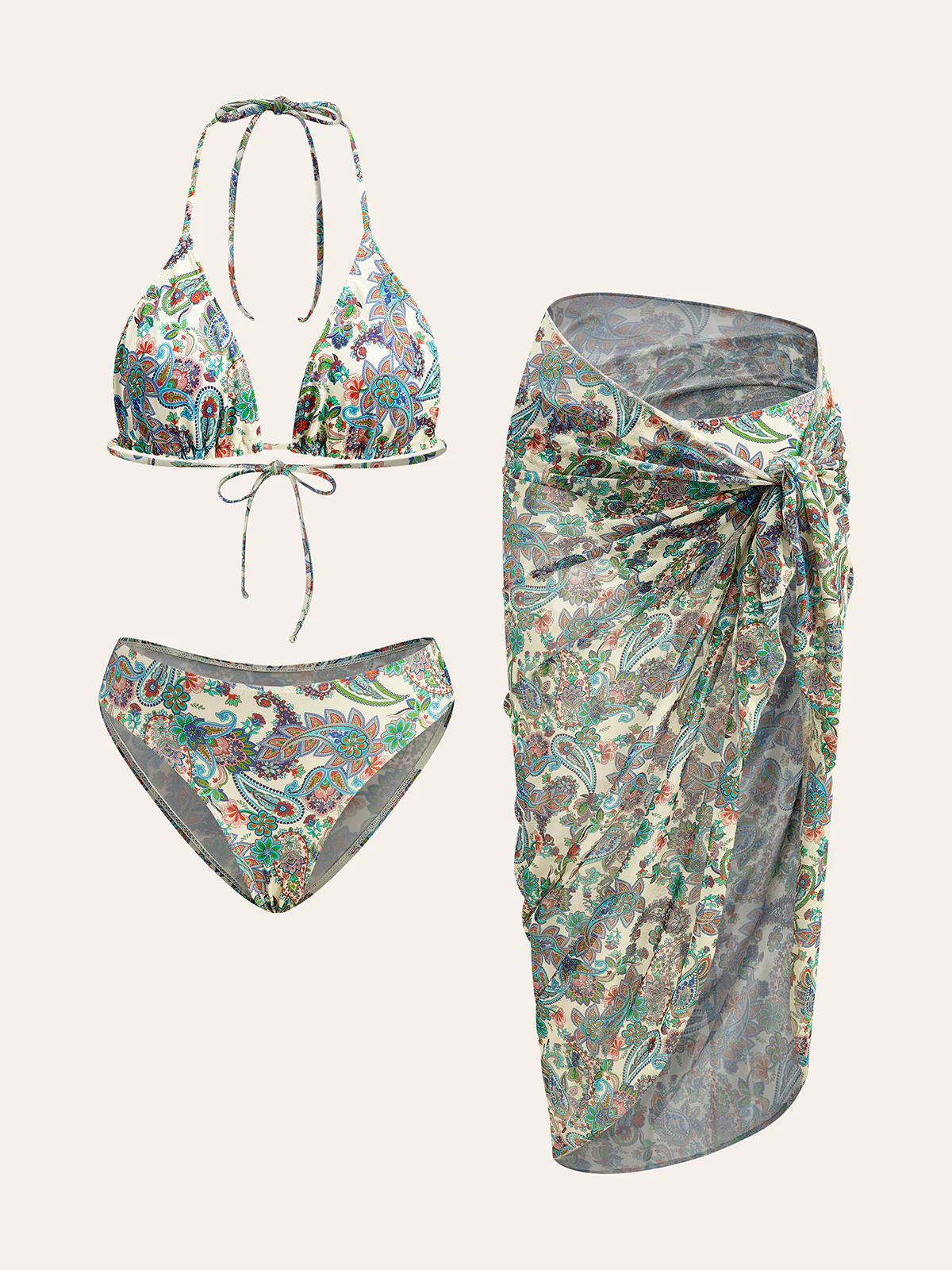 Tie-Back Bikini Set with Paisley Print Cover-Up - Takermore