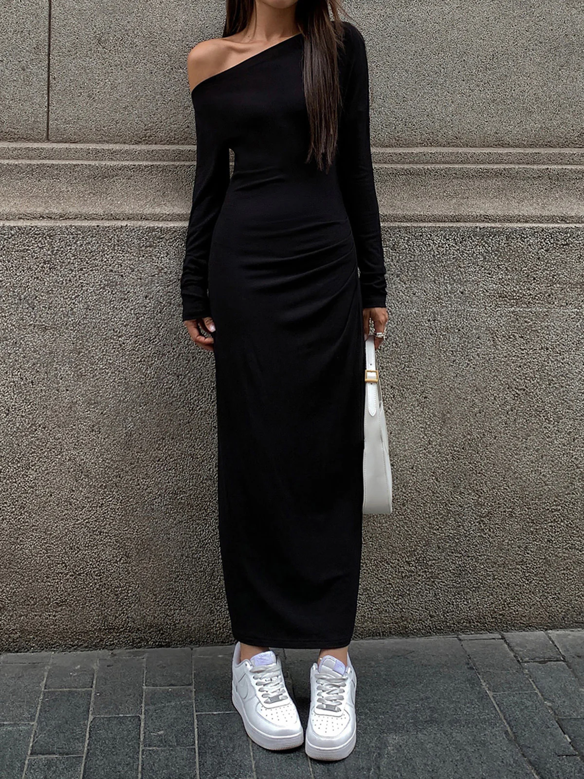 Off Shoulder Ribbed Long Sleeve Knit Long Dress - Takermore
