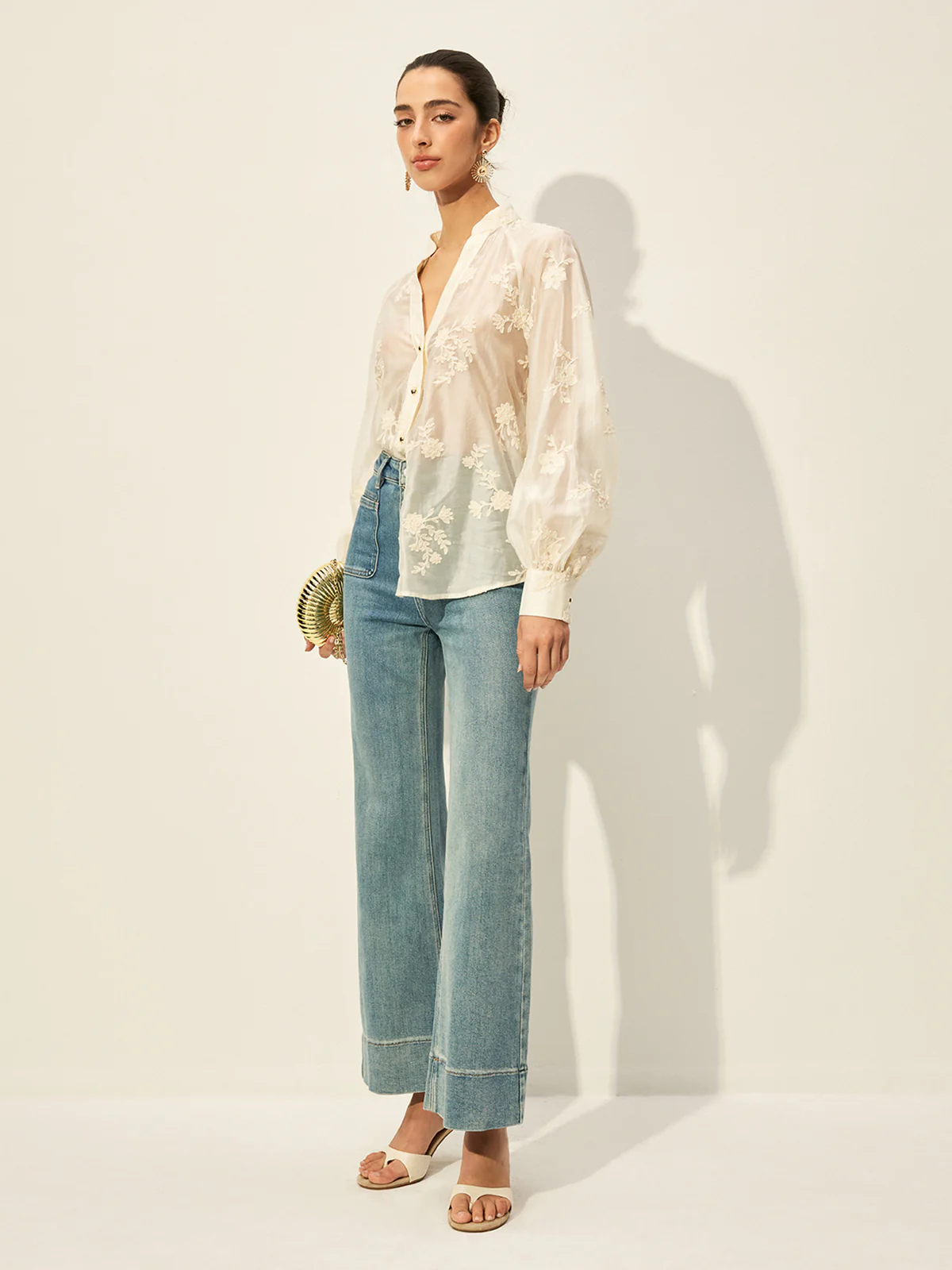 Semi-Sheer Embroidered Button-Front Blouse - Takermore