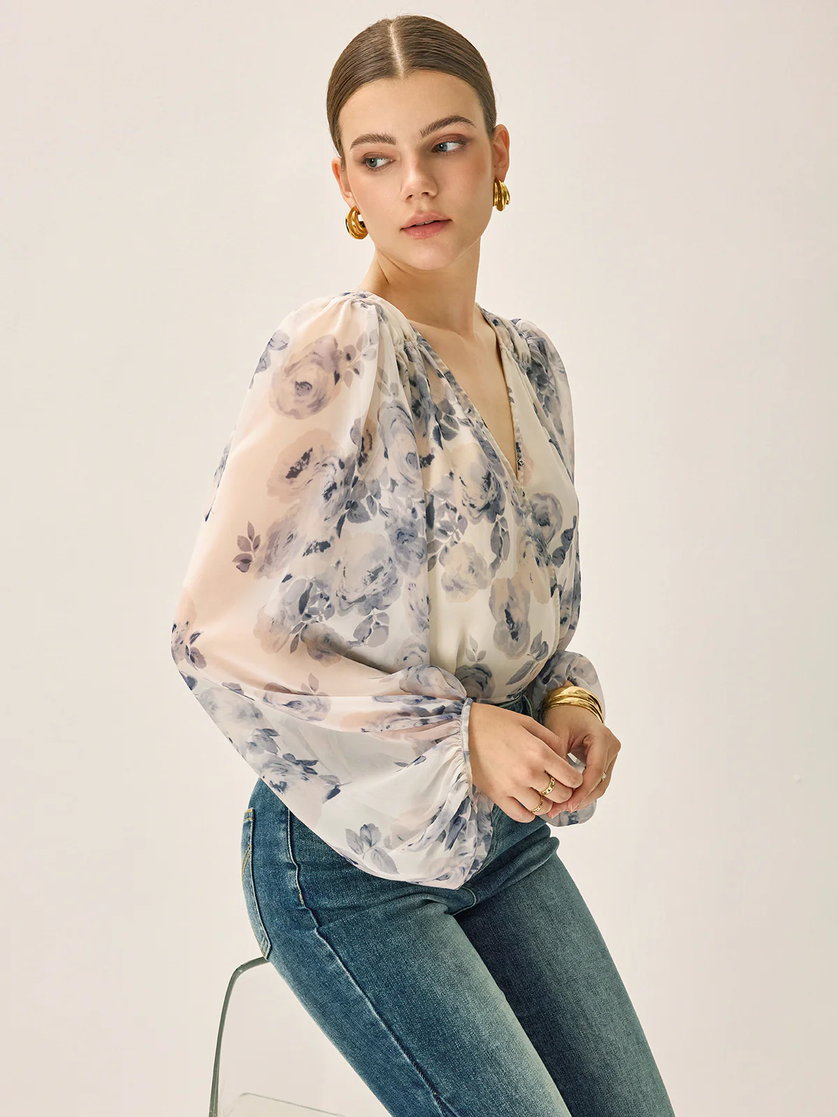 Semi-Sheer Chiffon Floral V-Neck Balloon Sleeve Blouse - Takermore