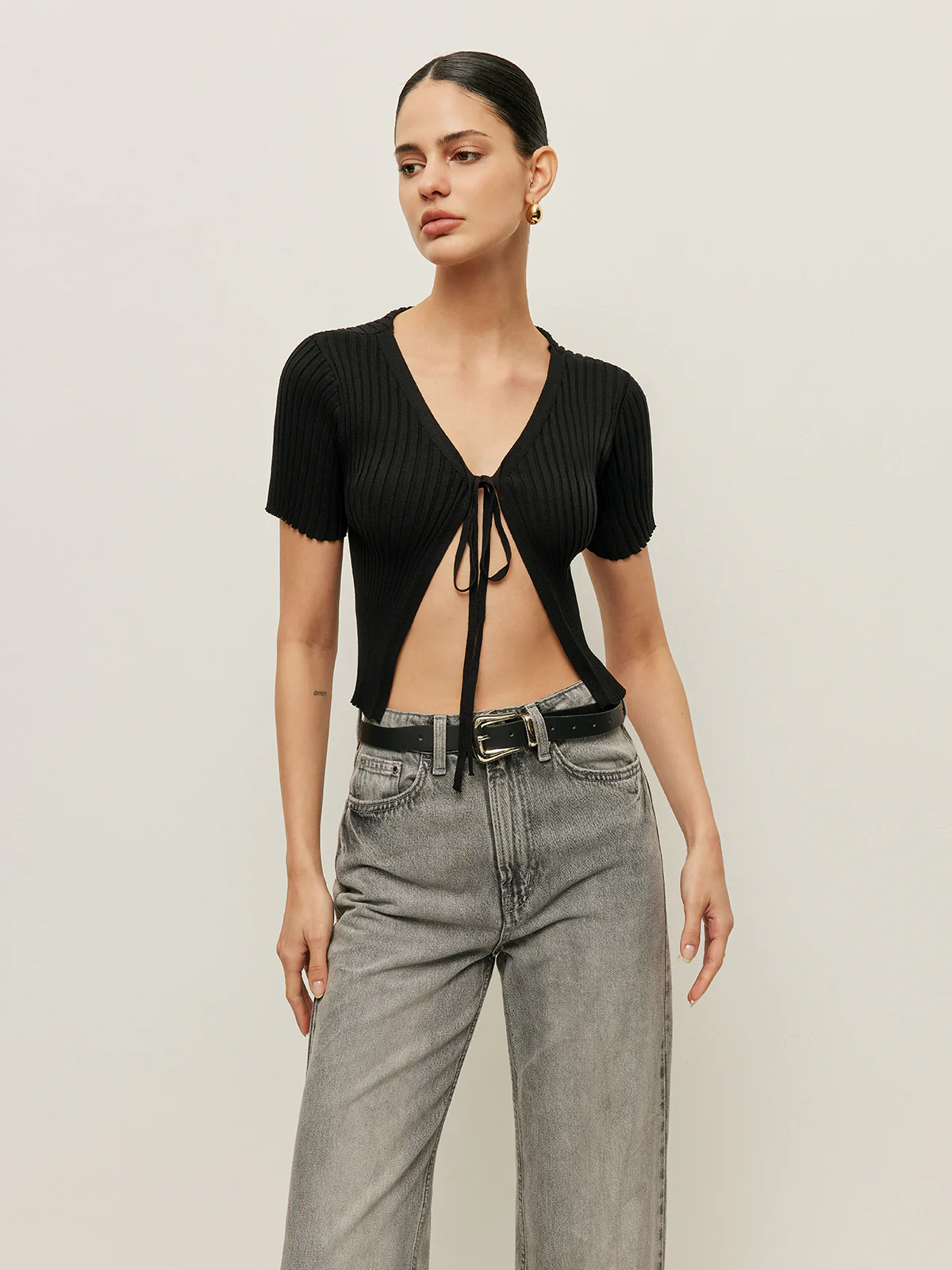 Ribbed Tie Front Short Sleeve Top - Takermore