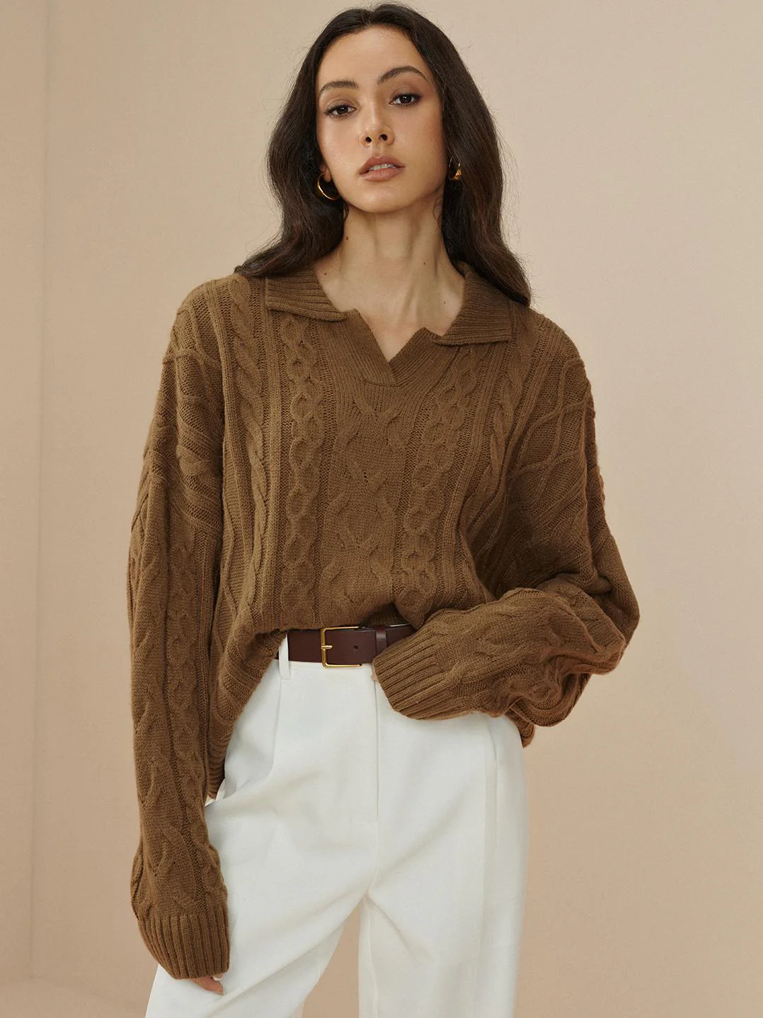 Oversized Lapel Cable Pullover Sweater - Takermore