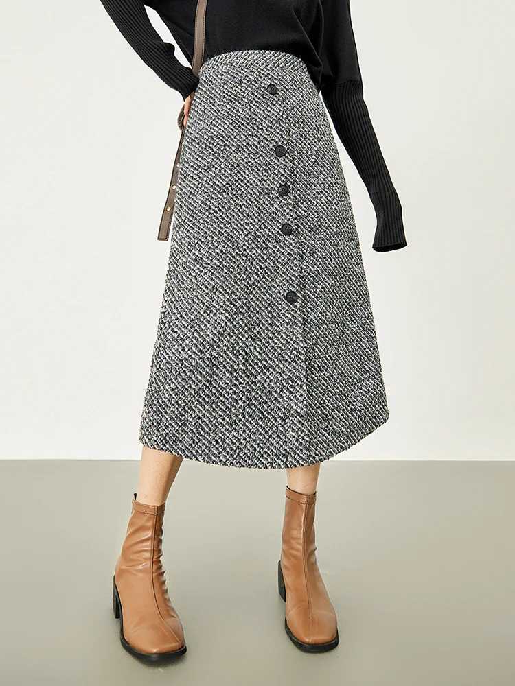 Button Down Tweed Boucle Maxi Skirt - Takermore