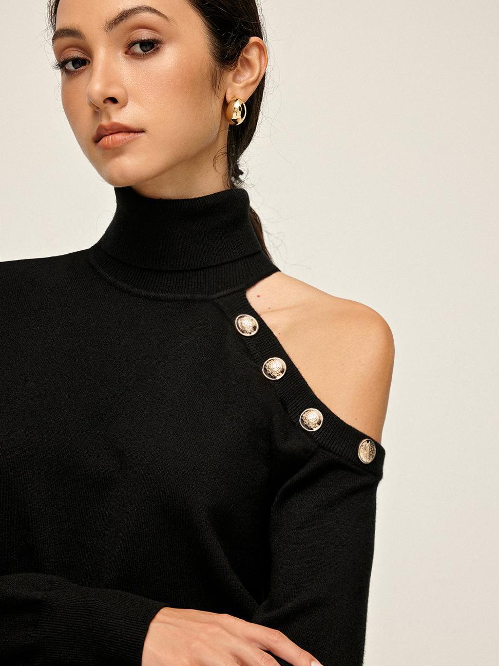 Turtleneck Asymmetrical One Shoulder Sweater - Takermore