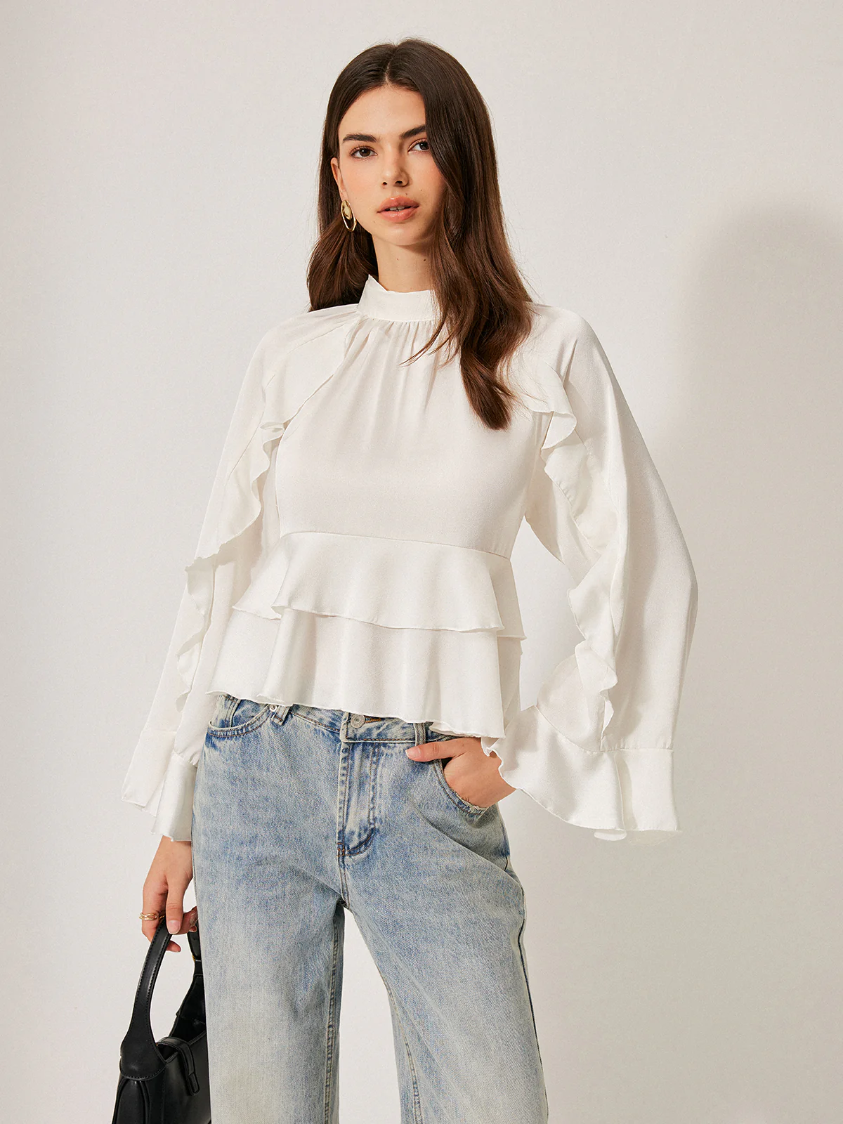 Stand Collar Button Ruffle Peplum Blouse - Takermore