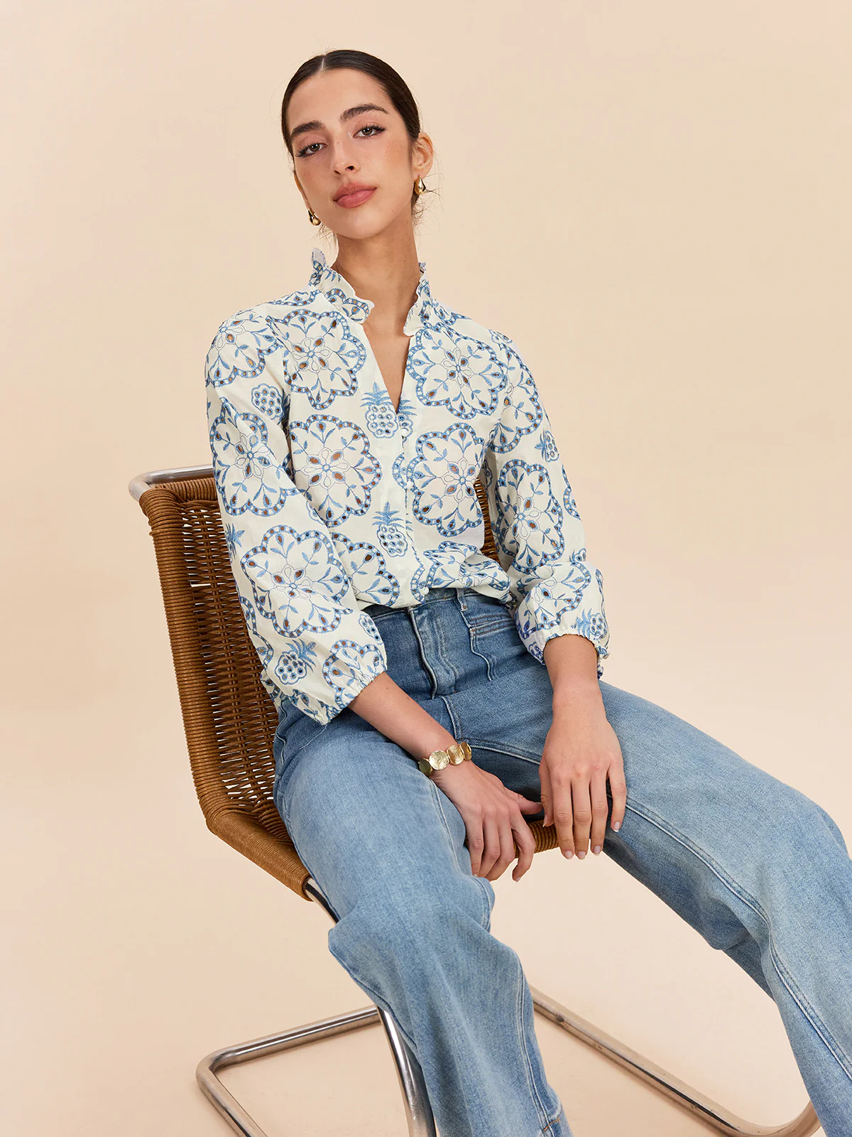 Semi-Sheer Embroidered Button-Down Shirt - Takermore