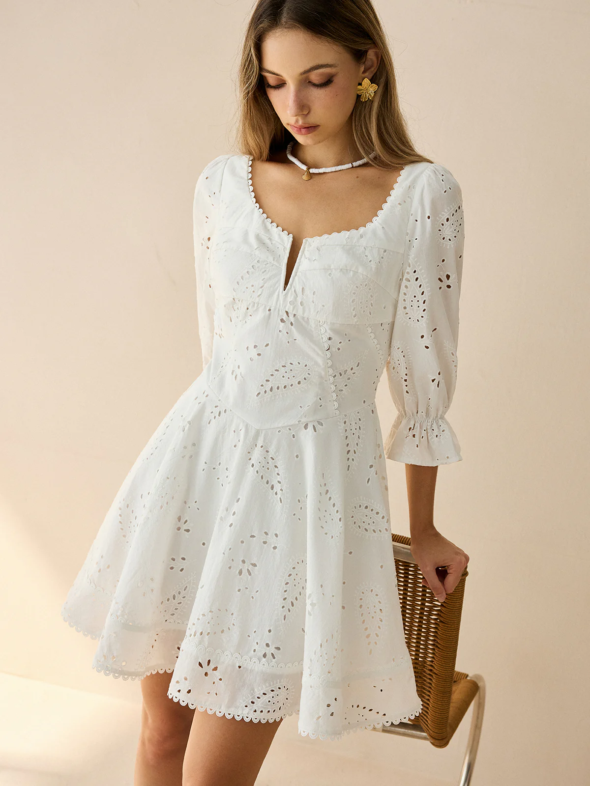 Cotton Scalloped Edge Eyelet Mini Dress - Takermore