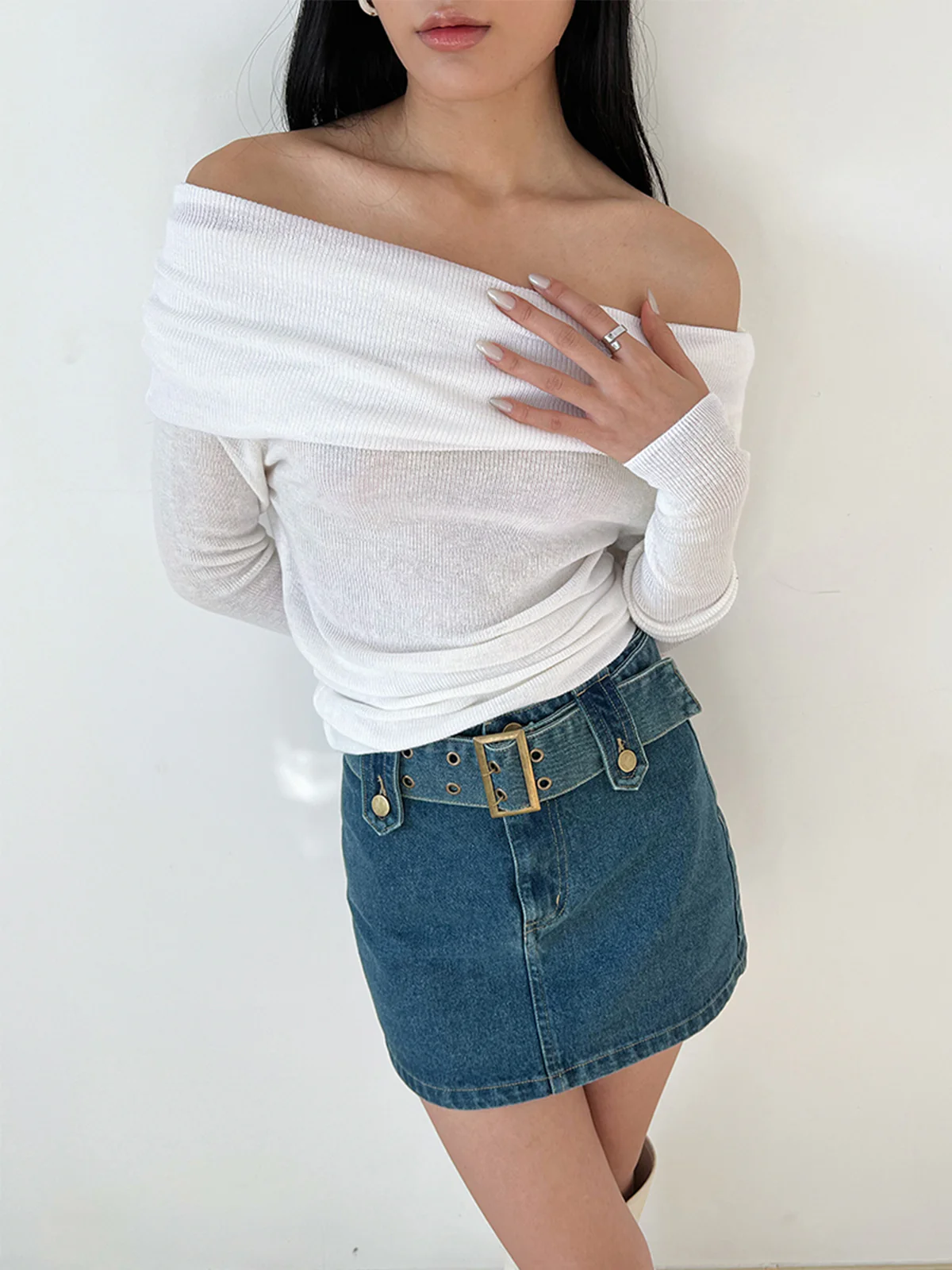 Semi-Sheer Overfold Off-Shoulder Shirt - Takermore