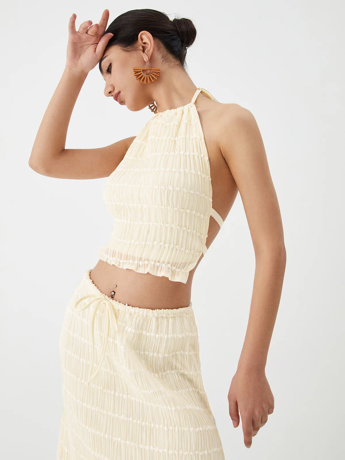 Backless Halter Top With Pleated Maxi Skirt Set - Takermore