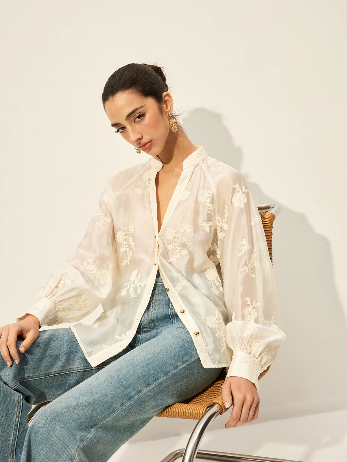 Semi-Sheer Embroidered Button-Front Blouse - Takermore