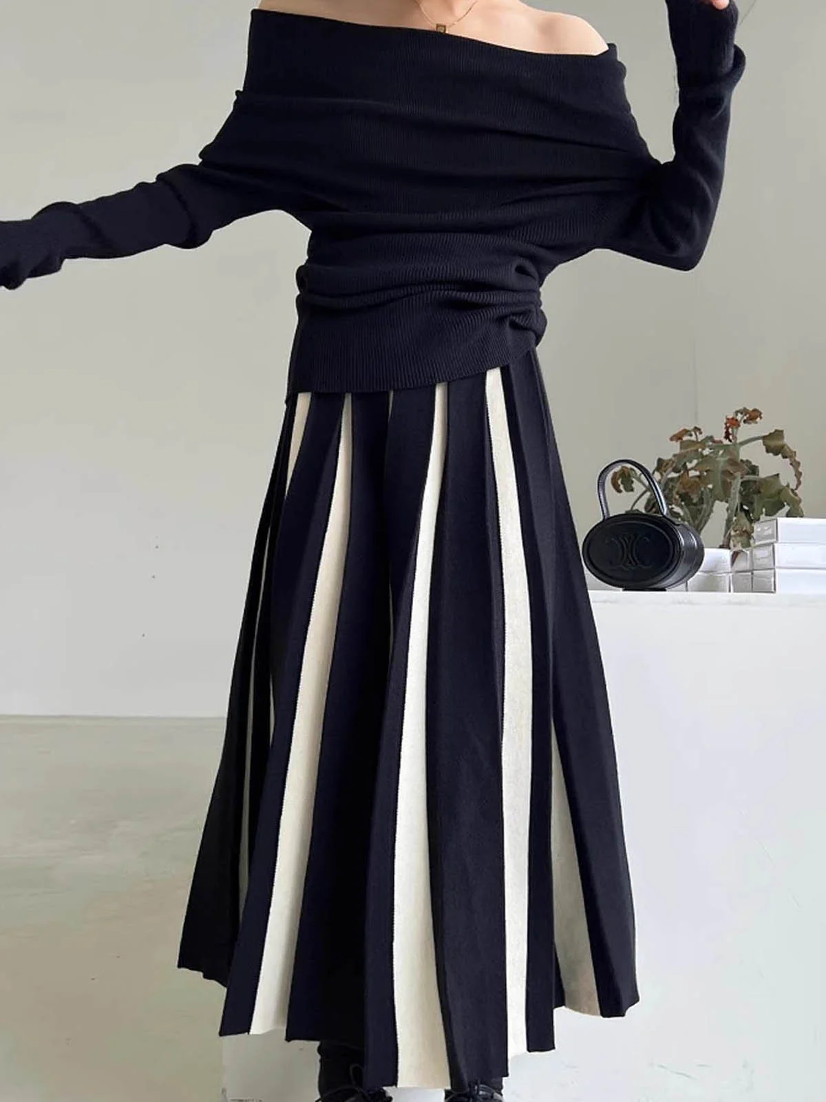 Color Block Knit Midi Skirt - Takermore