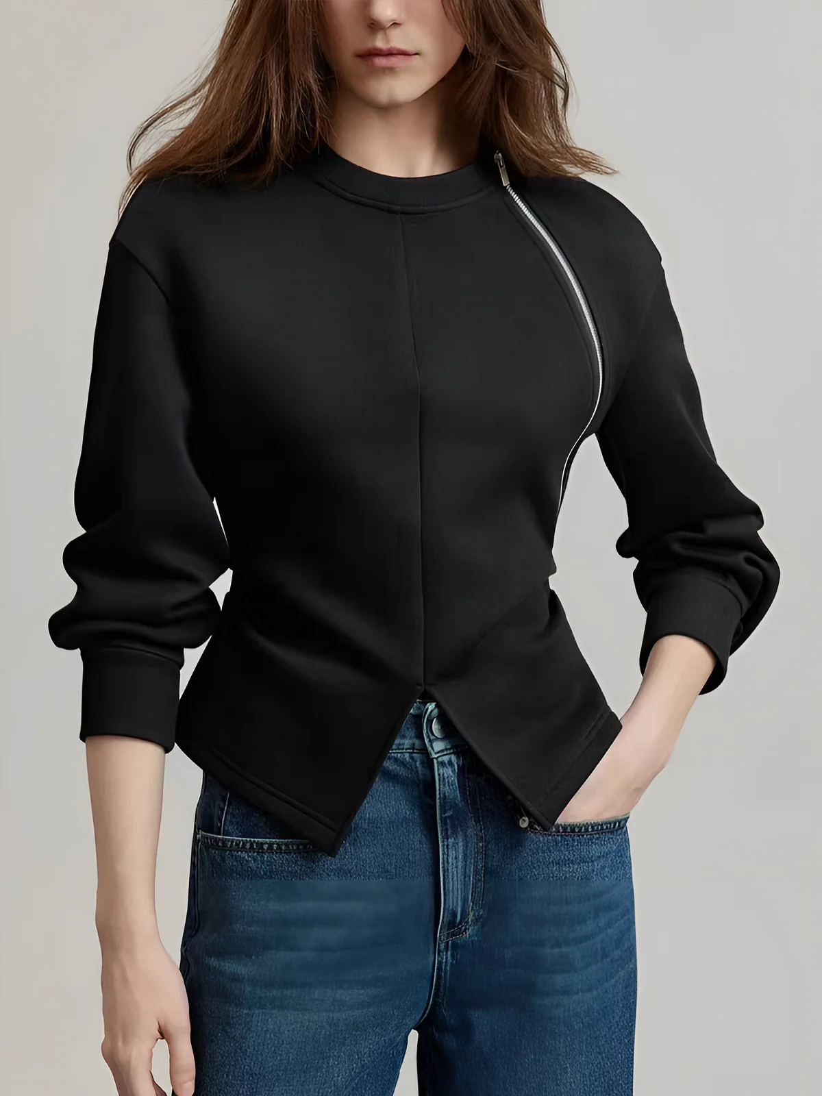 Plain Zipper Split Blouse - Takermore