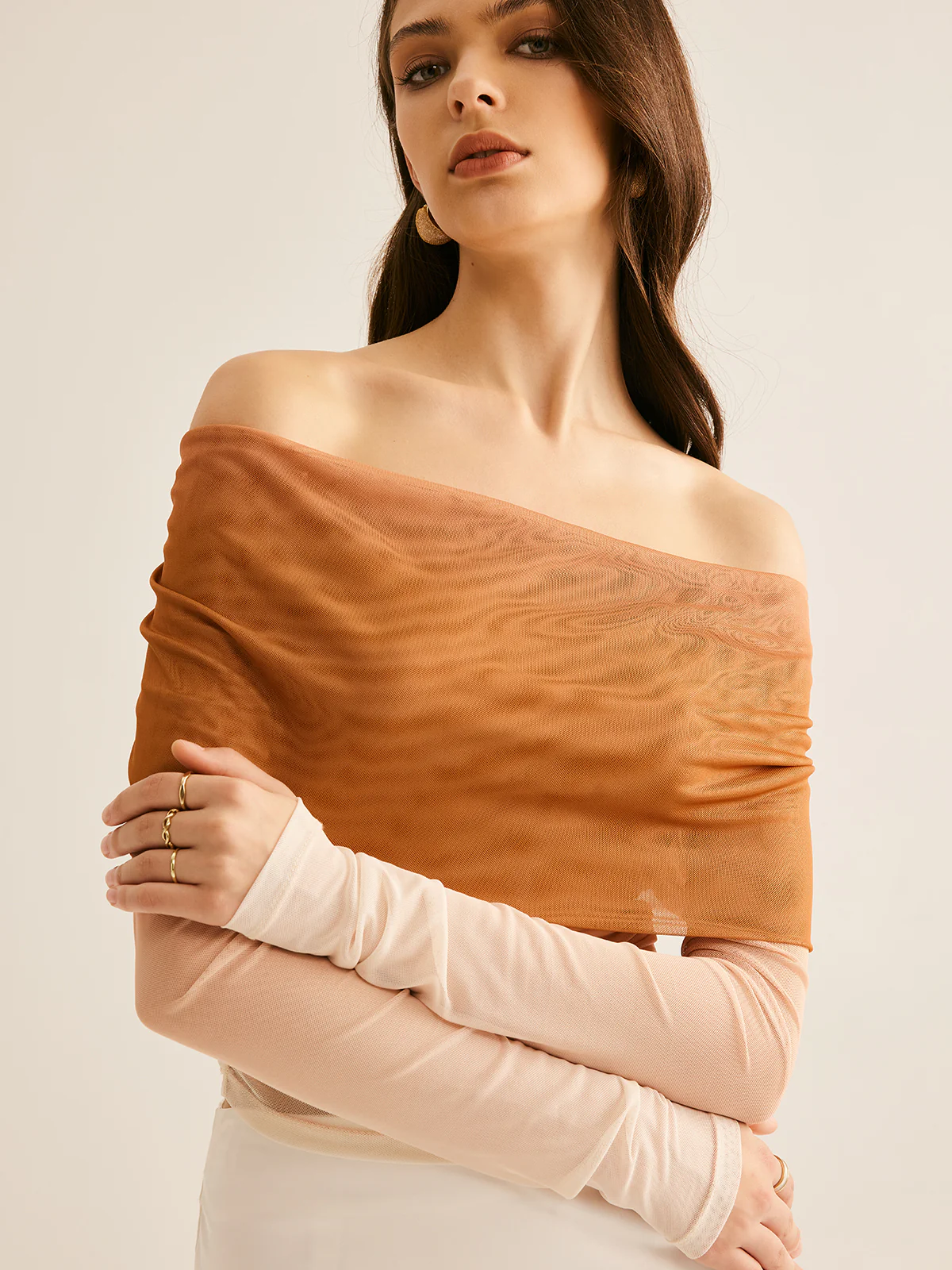 Semi-Sheer Off-Shoulder Mesh Gradient Blouse - Takermore
