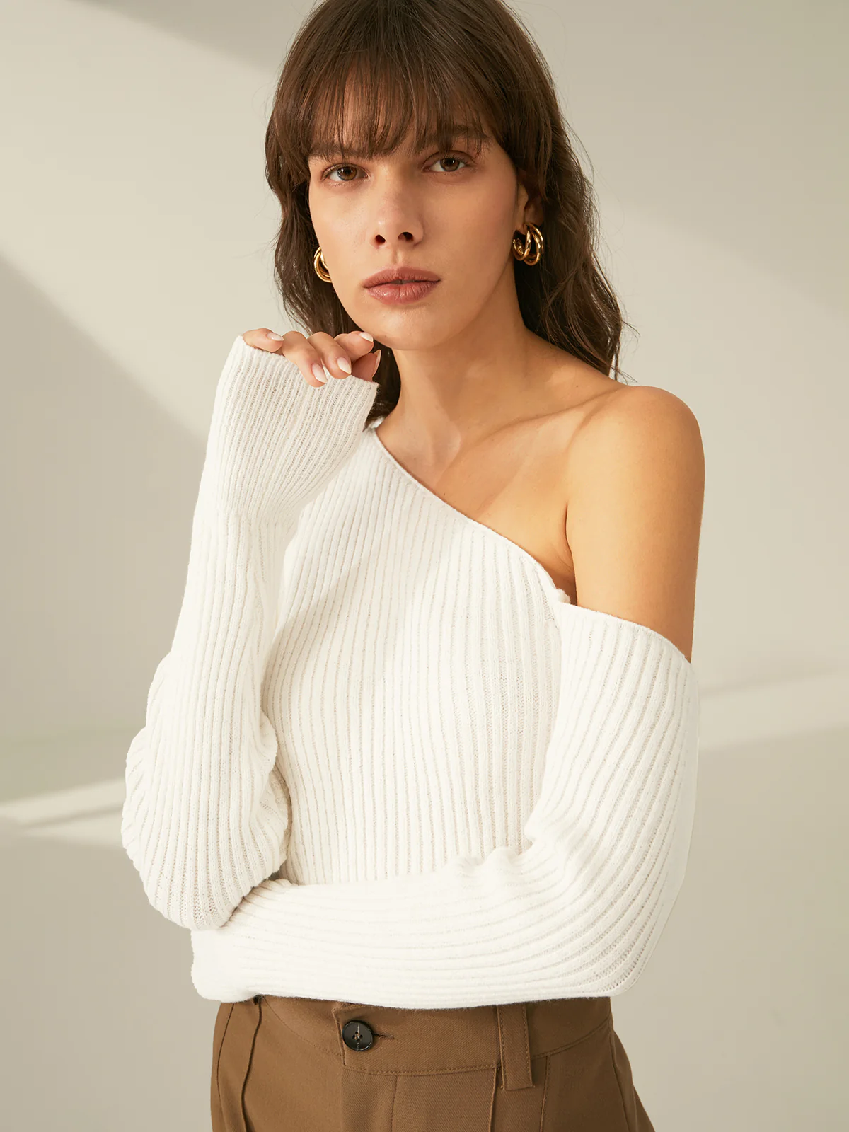 One Shoulder Long Sleeve Ribbed Pullover Sweater - Takermore