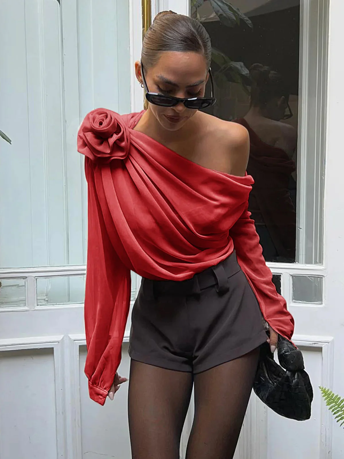 Chiffon Semi-sheer One Shoulder Asymmetrical Blouse - Takermore