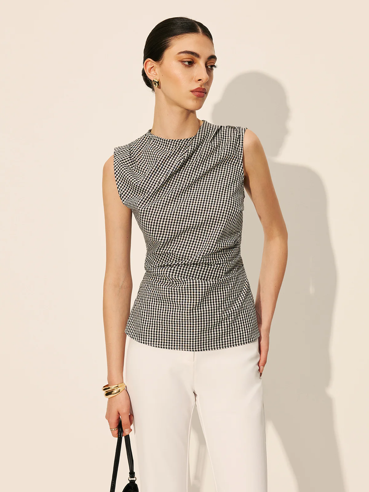 Gingham Ruched Sleeveless Top - Takermore