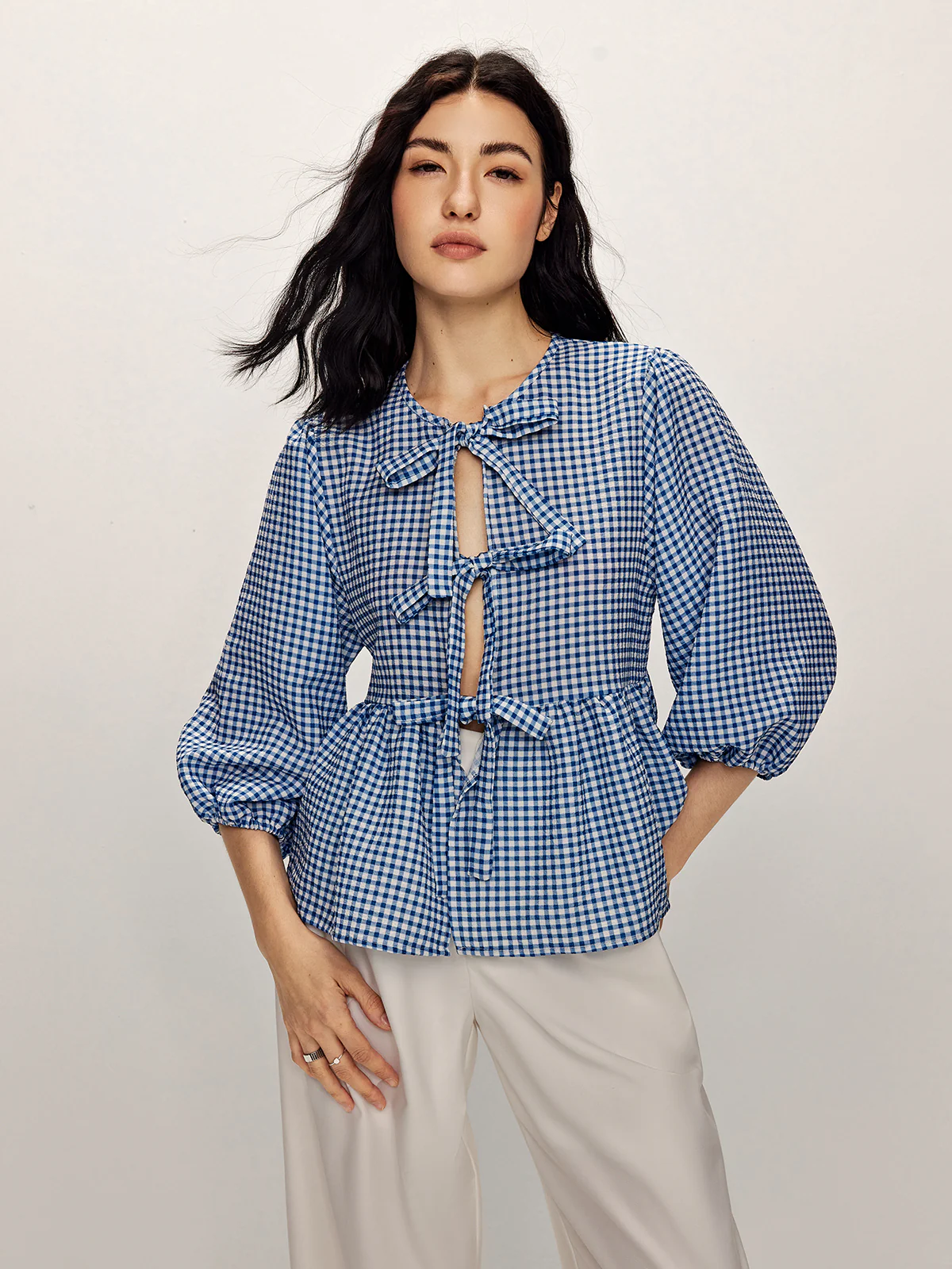 Plaid Tie Front Half Sleeve Blouse - Takermore