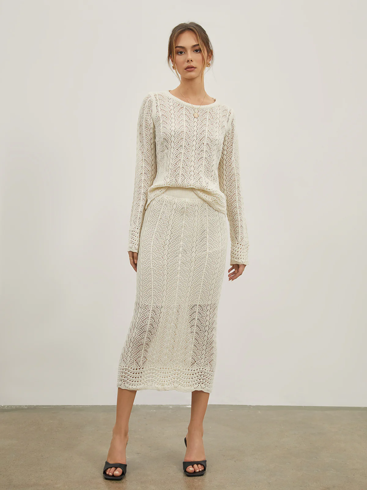 Eyelet Cable Knit Two Piece Skirt Set - Takermore