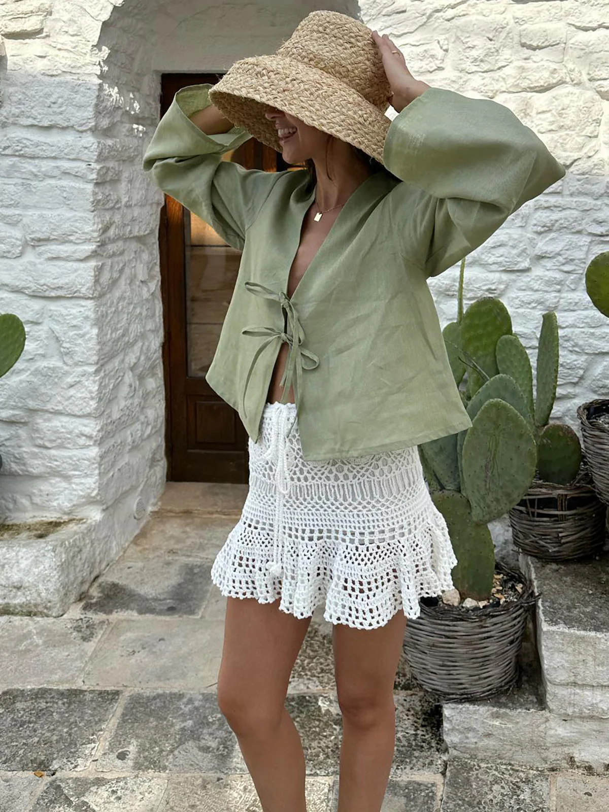 Oversized Long Tie-Front Sleeve Blouse - Takermore