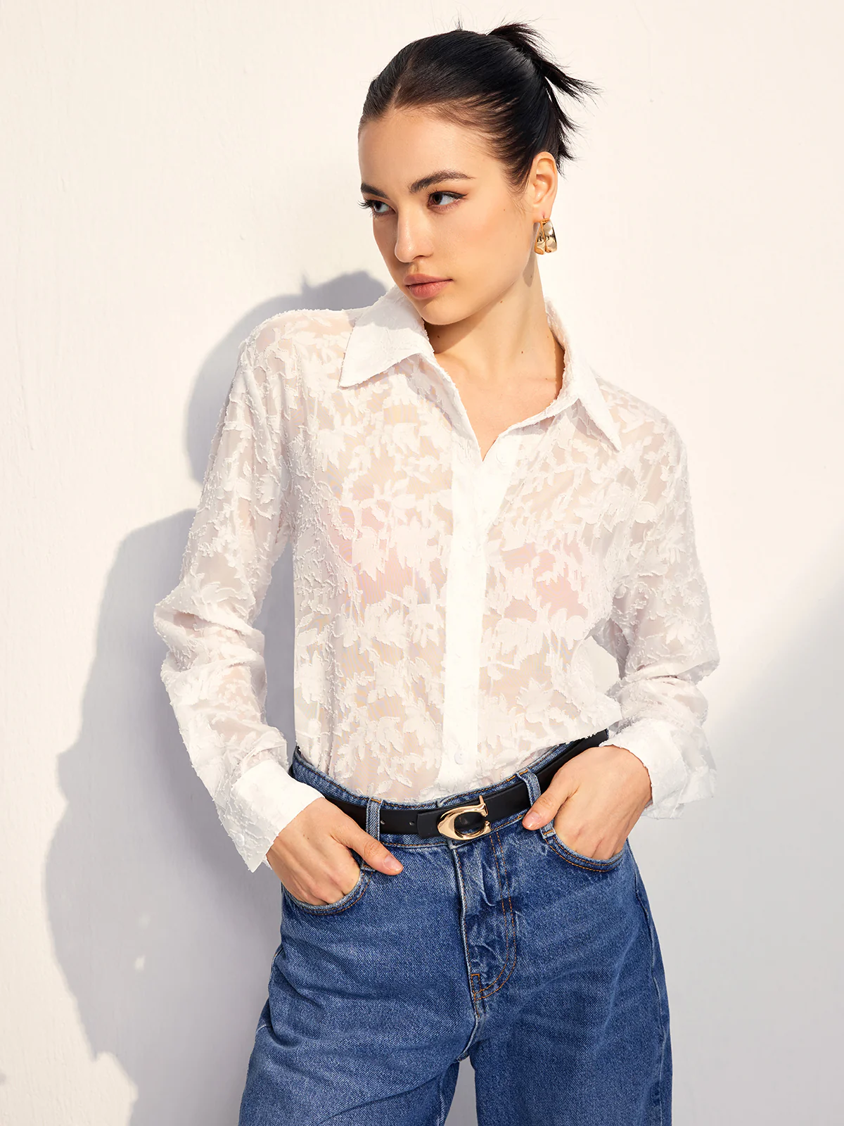 Semi-Sheer Jacquard Button Shirt - Takermore