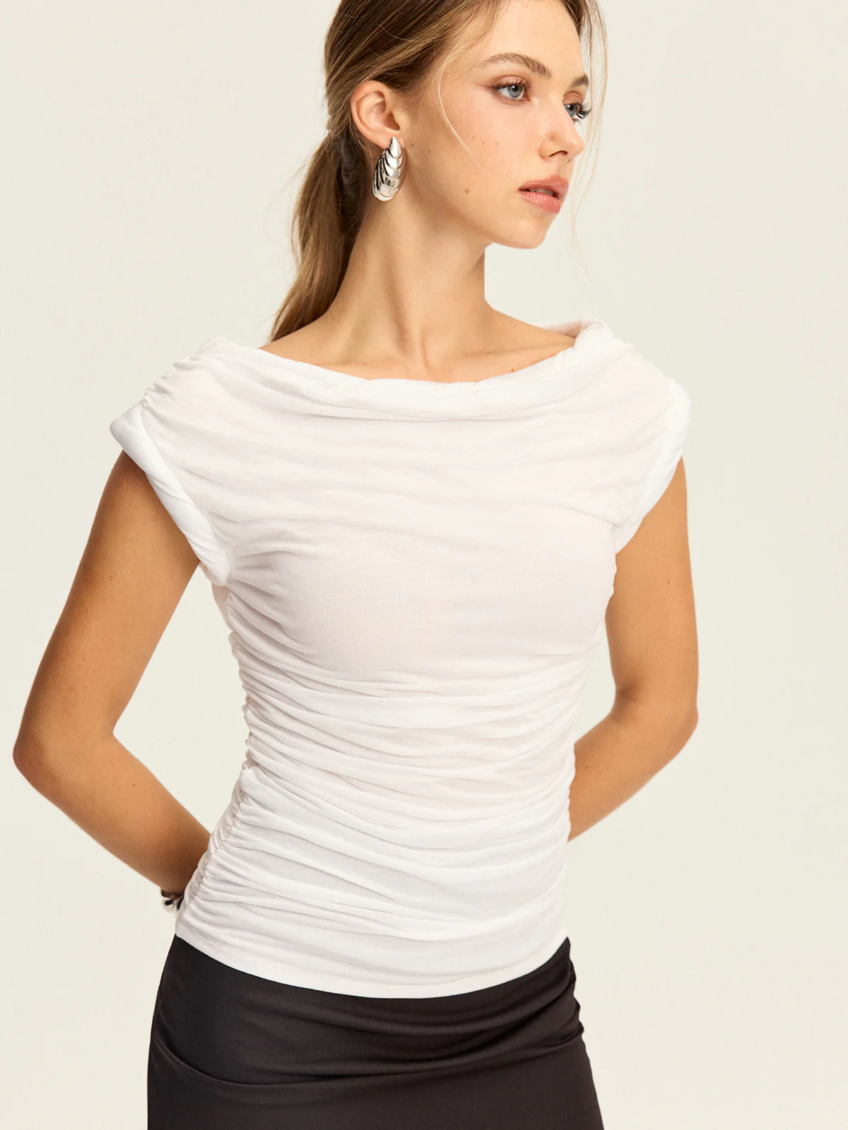 Draped Neck Ruched Top - Takermore