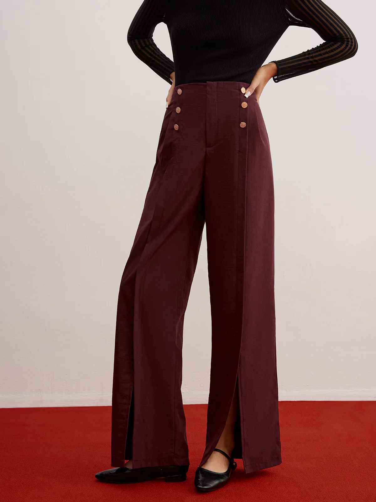 Button Decor Split Wide-Leg Pants - Takermore