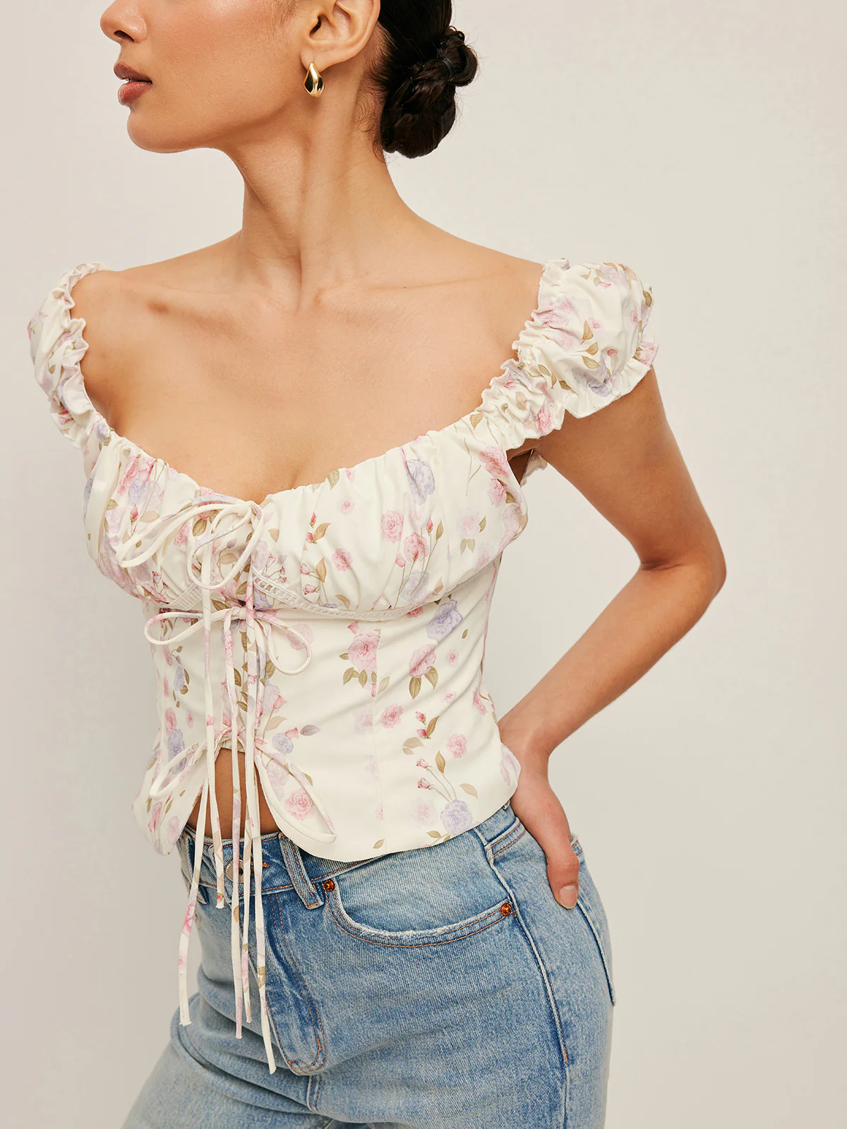 Ruffle Sleeve Tie-Front Bustier Top - Takermore