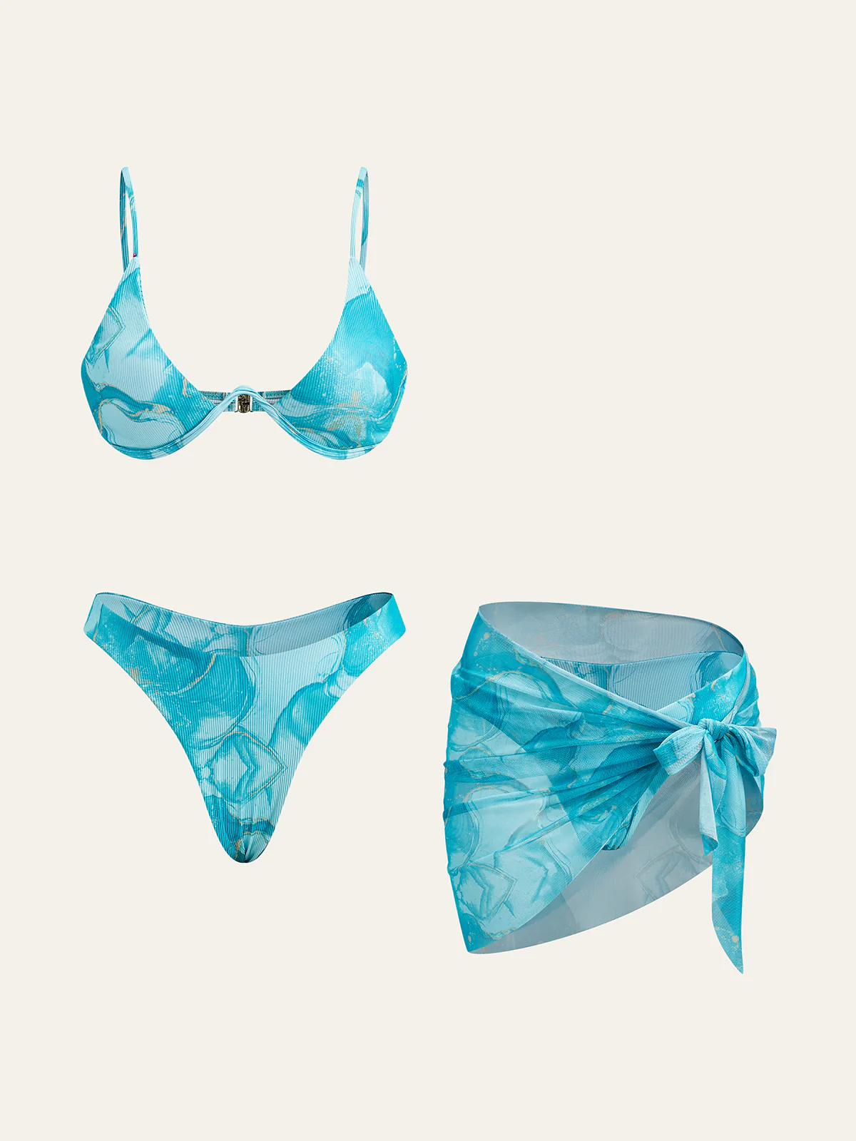 Marble Print Bikini Set With Cover-Up Skirt - Takermore