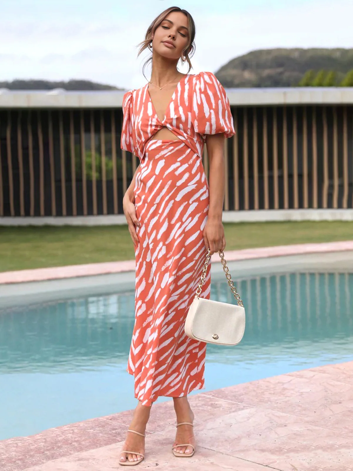 Stripe Pattern Cutout Long Dress - Takermore