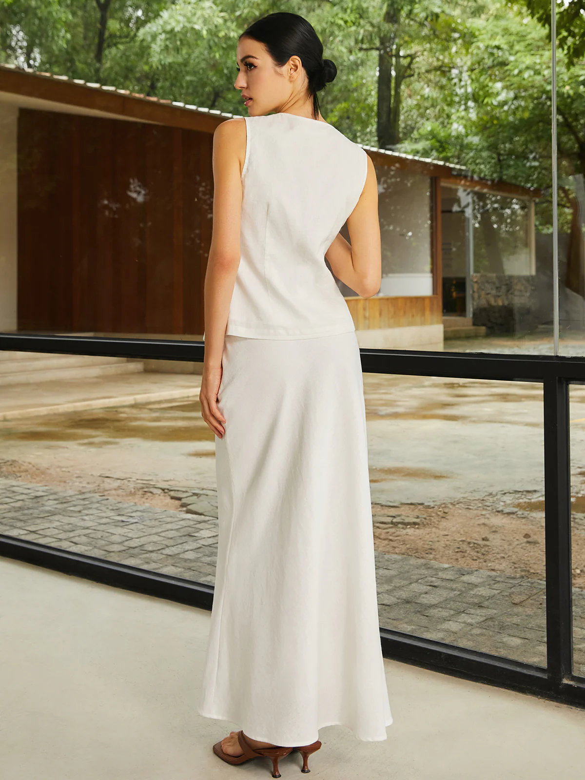 Cotton & Linen Plain Sleeveless Skirt Set - Takermore